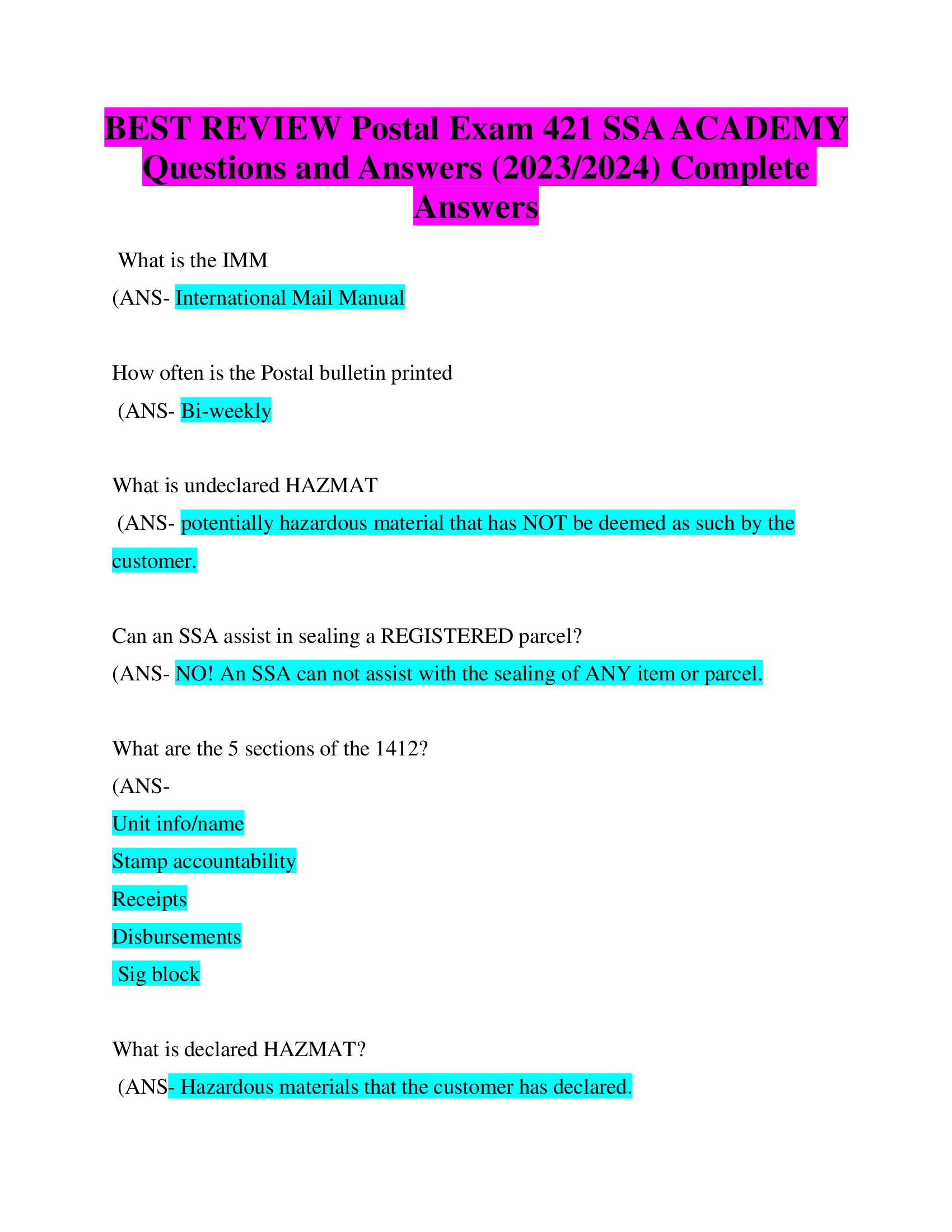 BEST REVIEW Postal Exam 421 SSA ACADEMY  Questions and Answers (2023, 2024) Complete  Answers