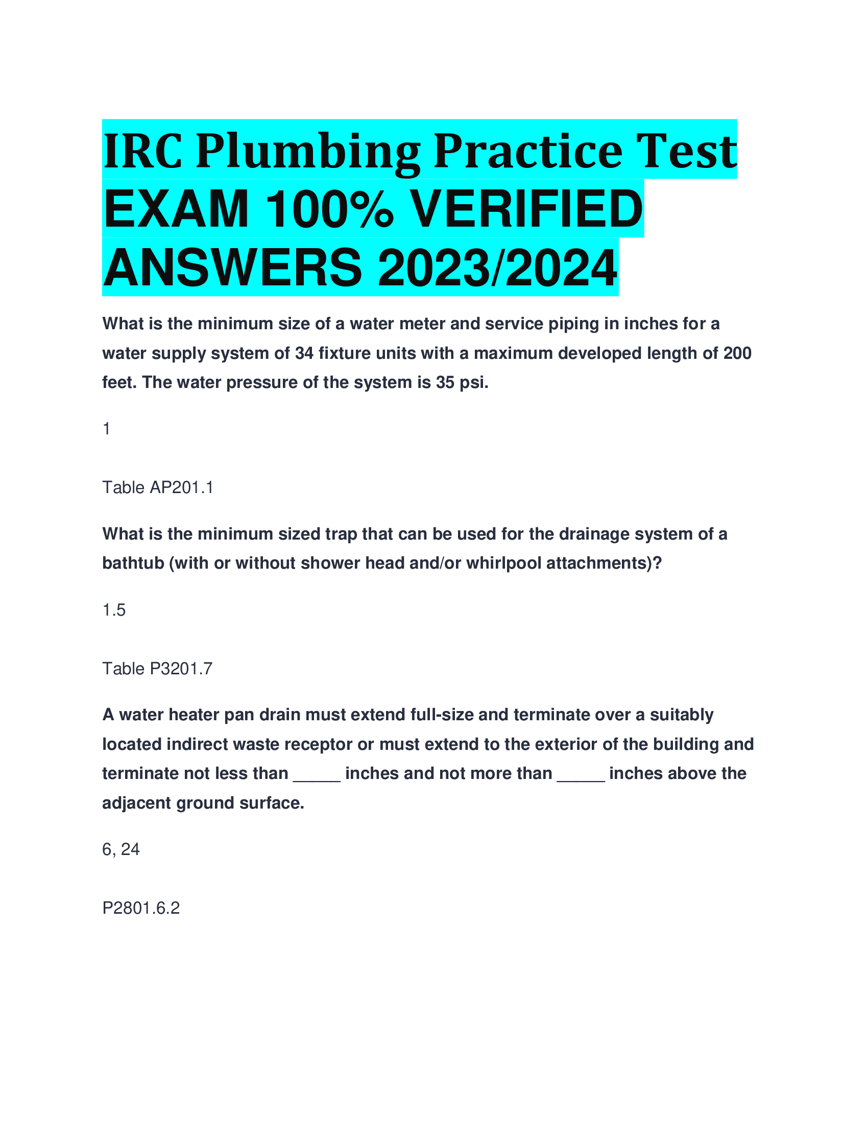 IRC Plumbing Practice Test EXAM VERIFIED  ANSWERS 2023,2024