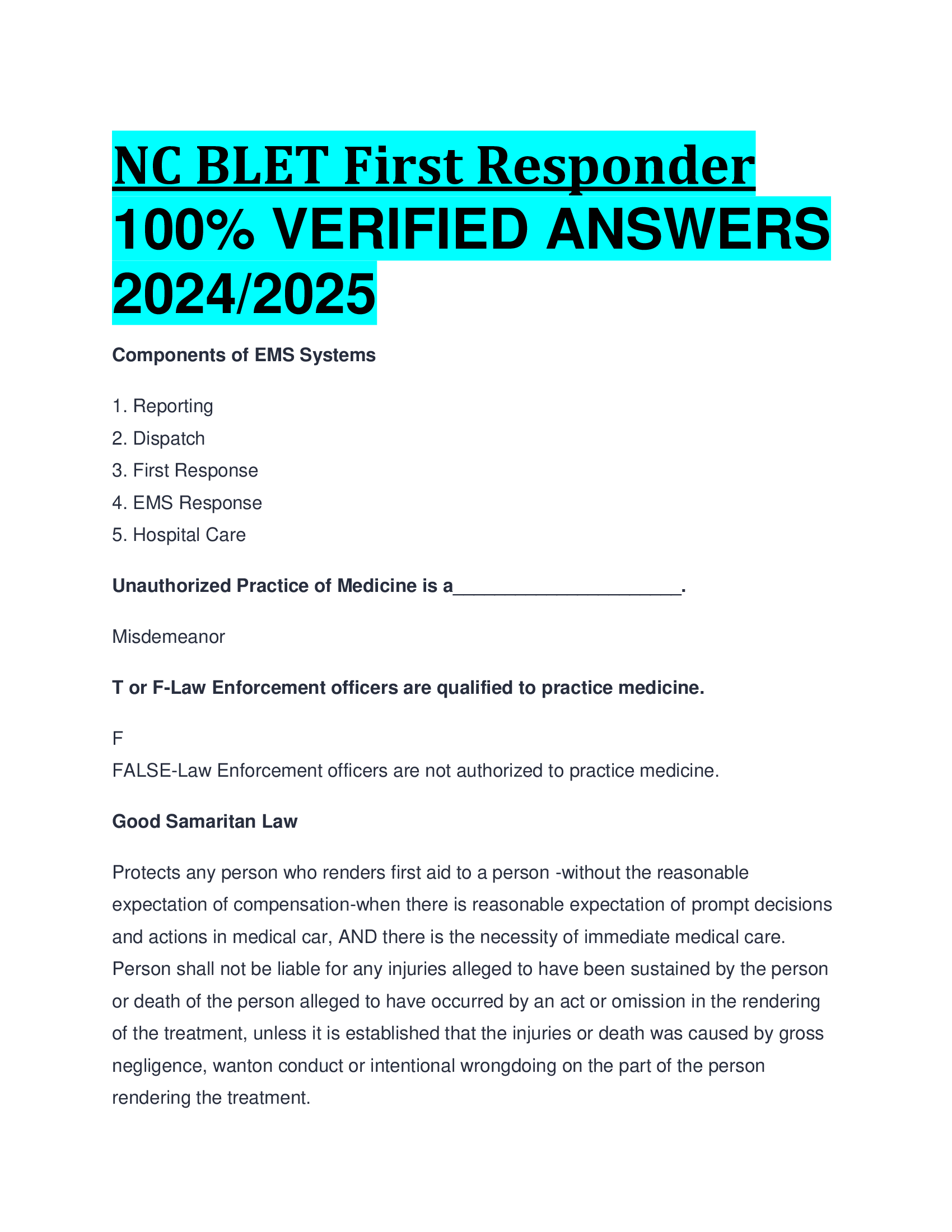 NC BLET First Responder  VERIFIED ANSWERS  20242026