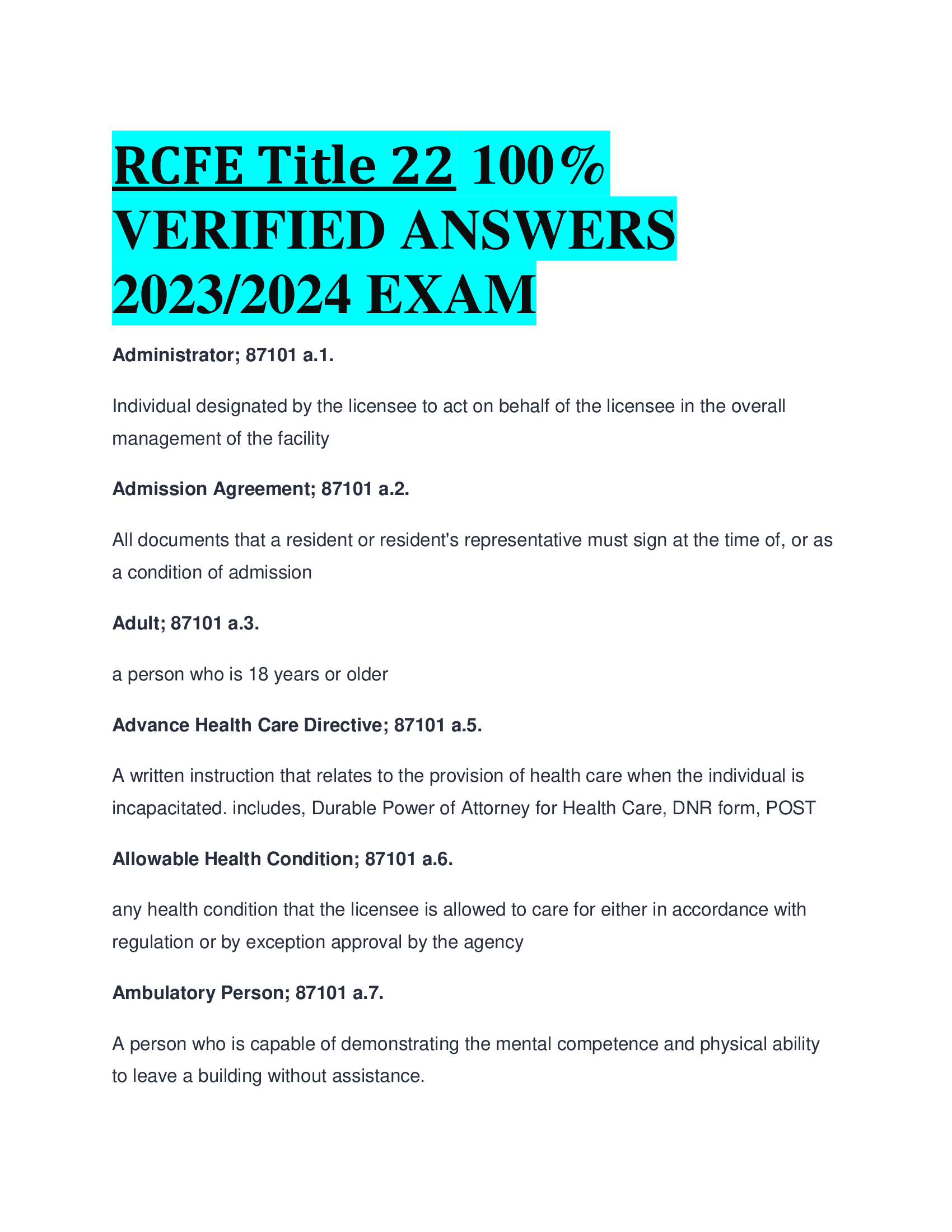 RCFE Title 22   VERIFIED ANSWERS  2023,2024 EXAM