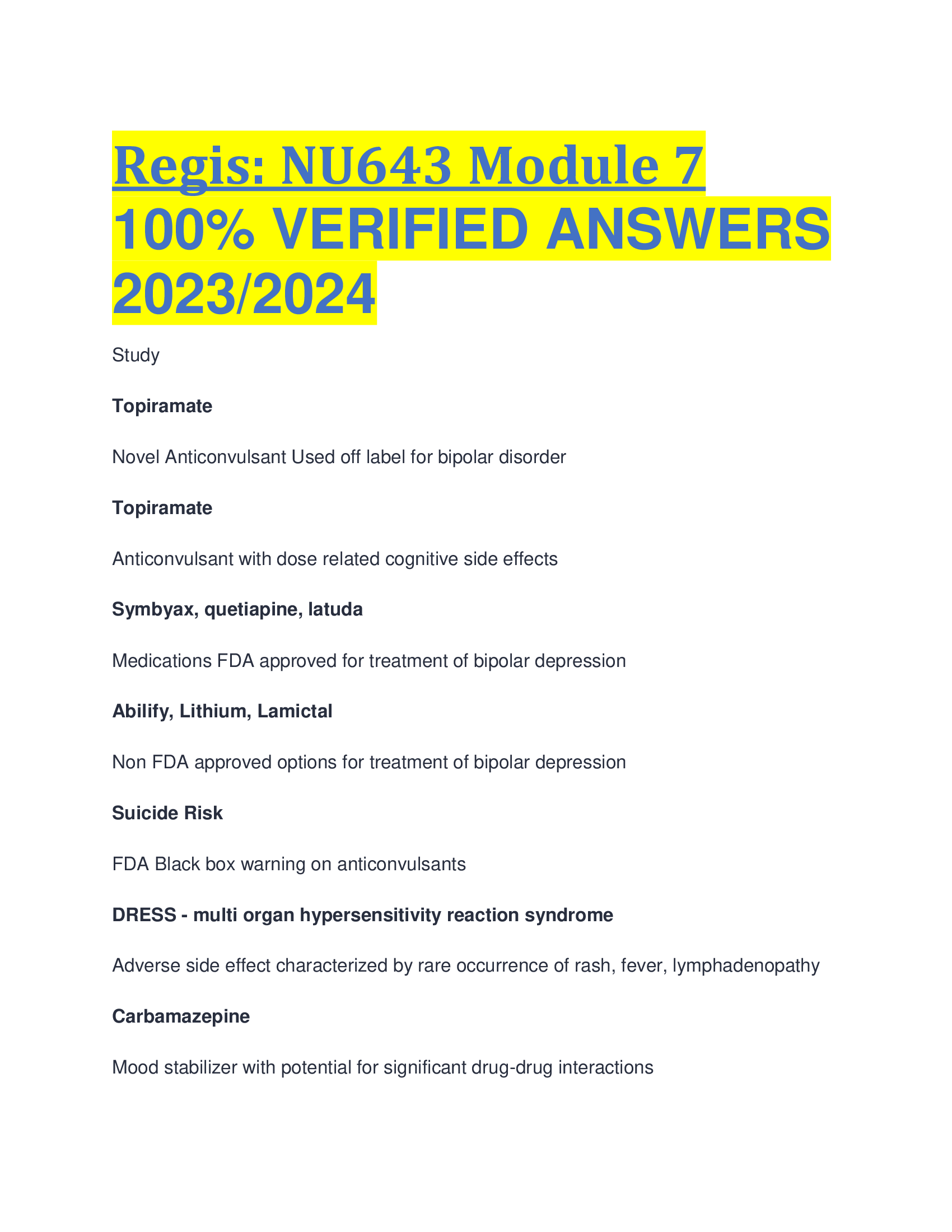 Regis: NU643 Module 7 VERIFIED ANSWERS  2023,2024