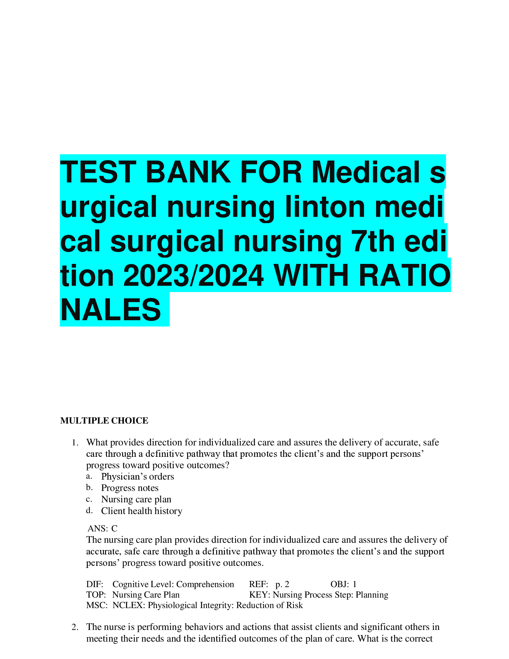 TEST BANK FOR Medical surgical nursing linton medical surgical nursing 7th edition 2023,2024 WITH RATIONALES