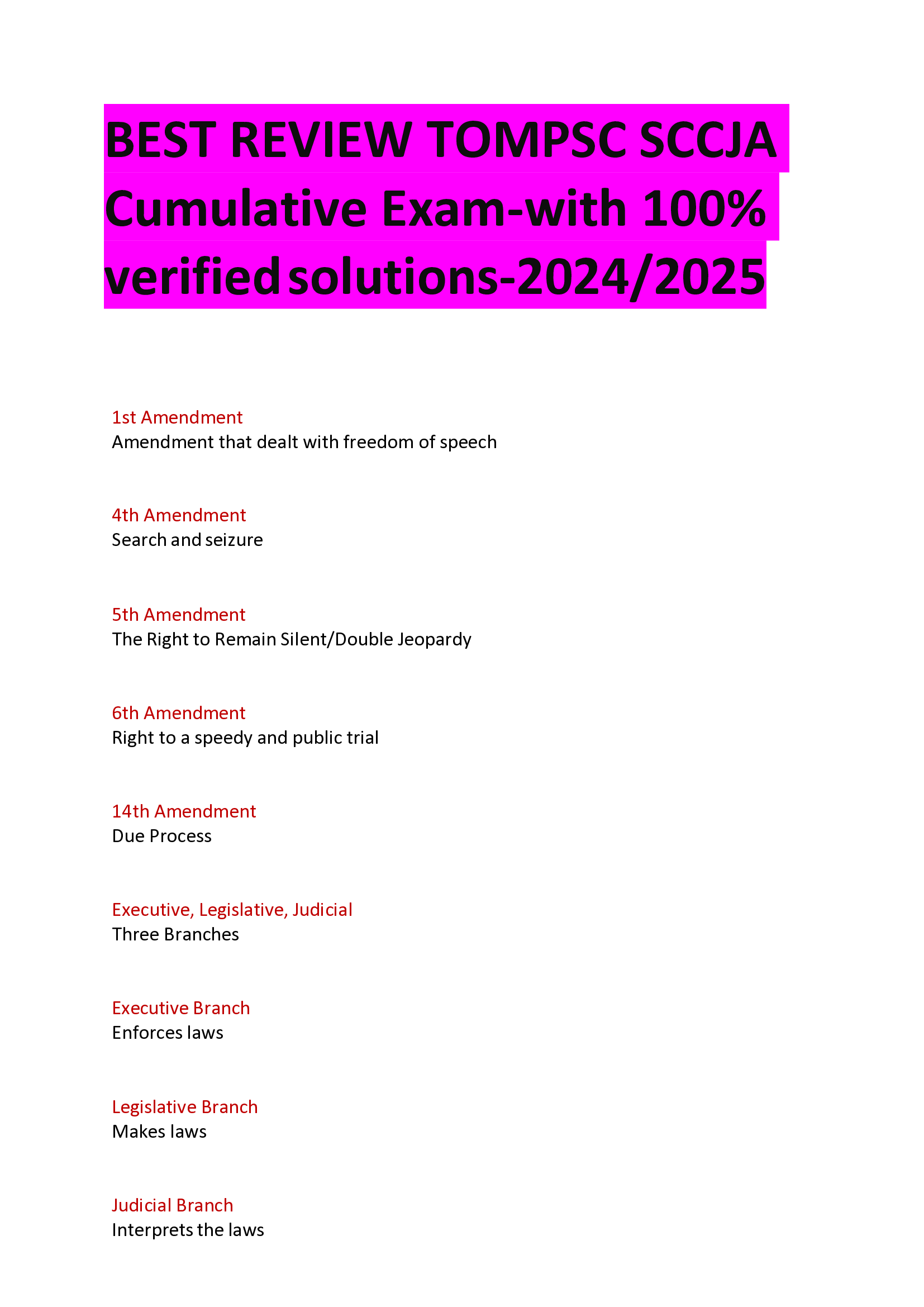 BEST ANSWERS BEST REVIEW TOMPSC SCCJA Cumulative Exam with 100 Percent verified solutions 2024, 2026