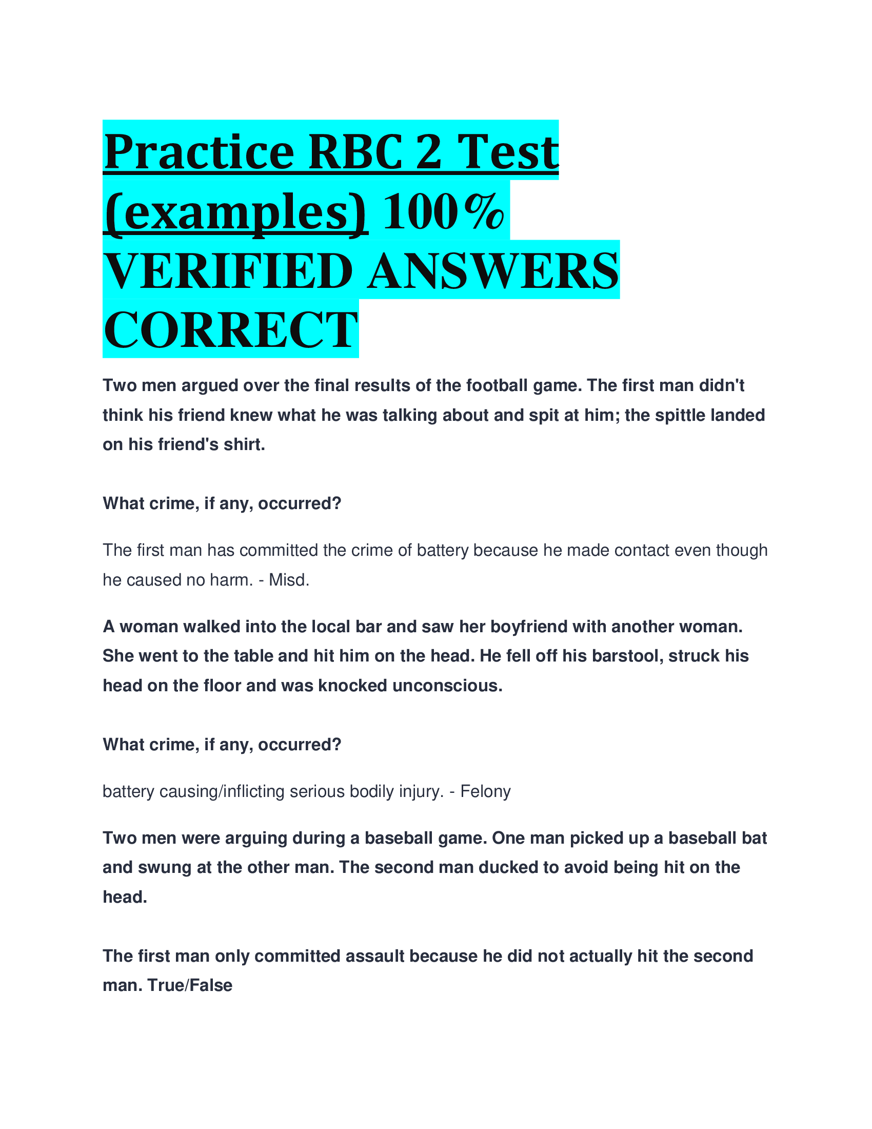 Practice RBC 2 Test (examples)  VERIFIED ANSWERS  CORRECT