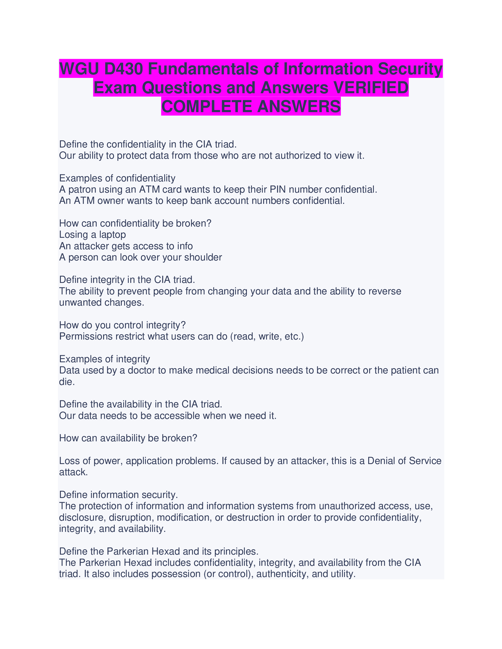 WGU D430 Fundamentals of Information Security Exam Questions and Answers VERIFIED  COMPLETE ANSWERS