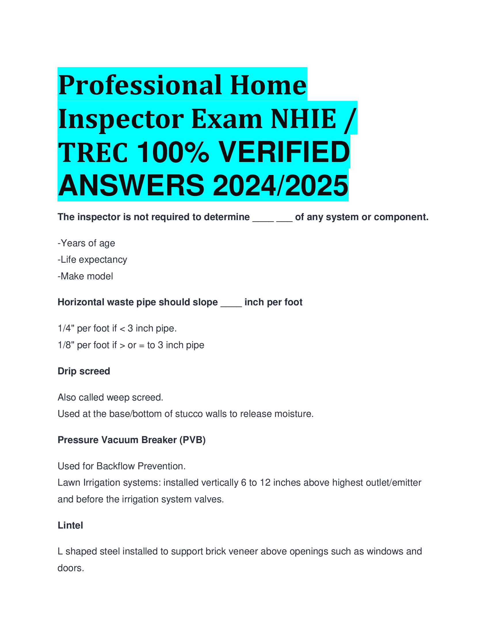 Professional Home Inspector Exam NHIE,  TREC  VERIFIED  ANSWERS 2024, 2026