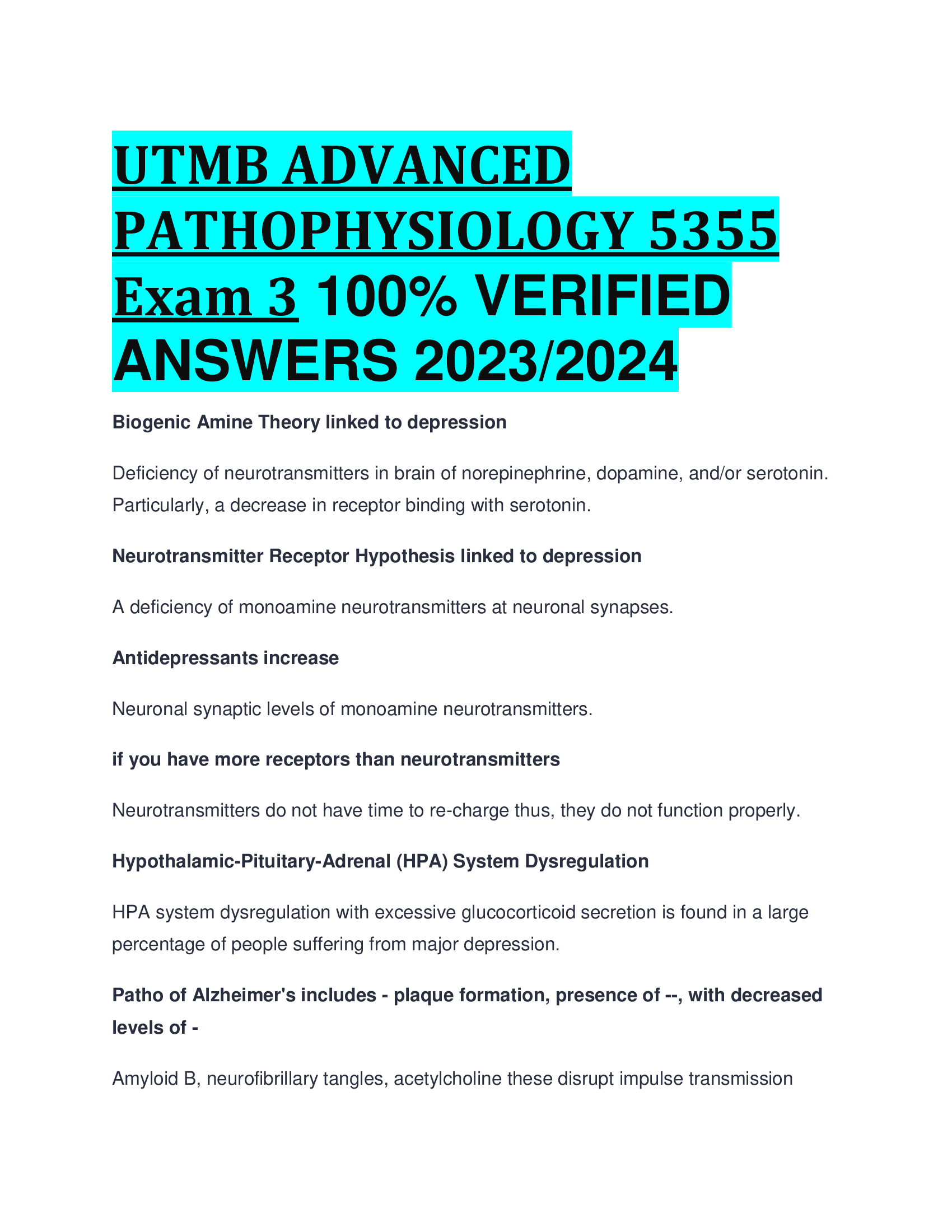 UTMB ADVANCED PATHOPHYSIOLOGY 5355 Exam 3 VERIFIED  ANSWERS 2023,2024