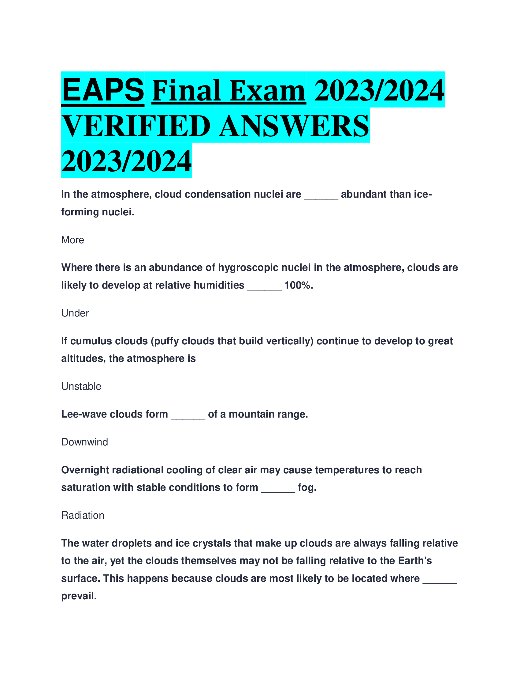 EAPS Final Exam 2023,2024  VERIFIED ANSWERS