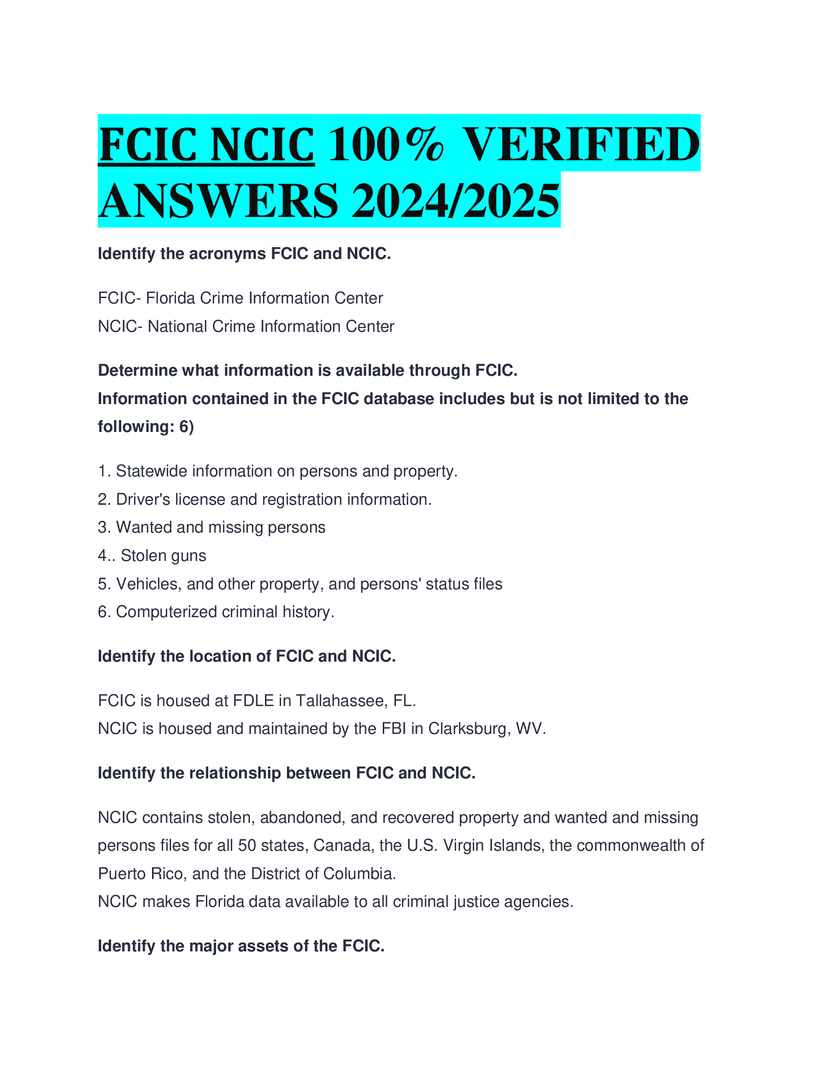 FCIC NCIC  VERIFIED  ANSWERS 20242026