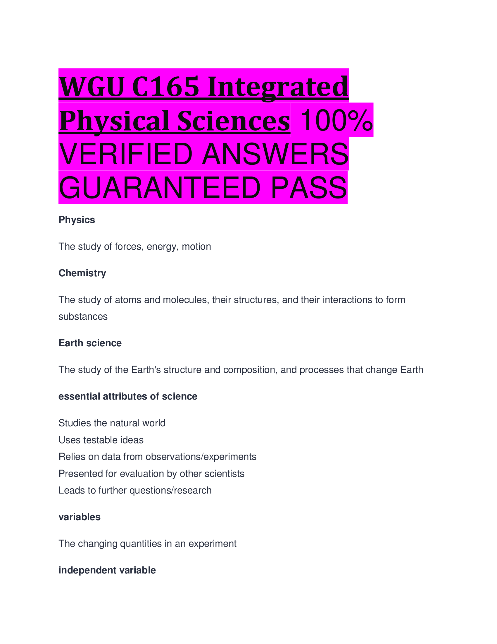 WGU C165 Integrated Physical Sciences   VERIFIED ANSWERS  GUARANTEED PASS