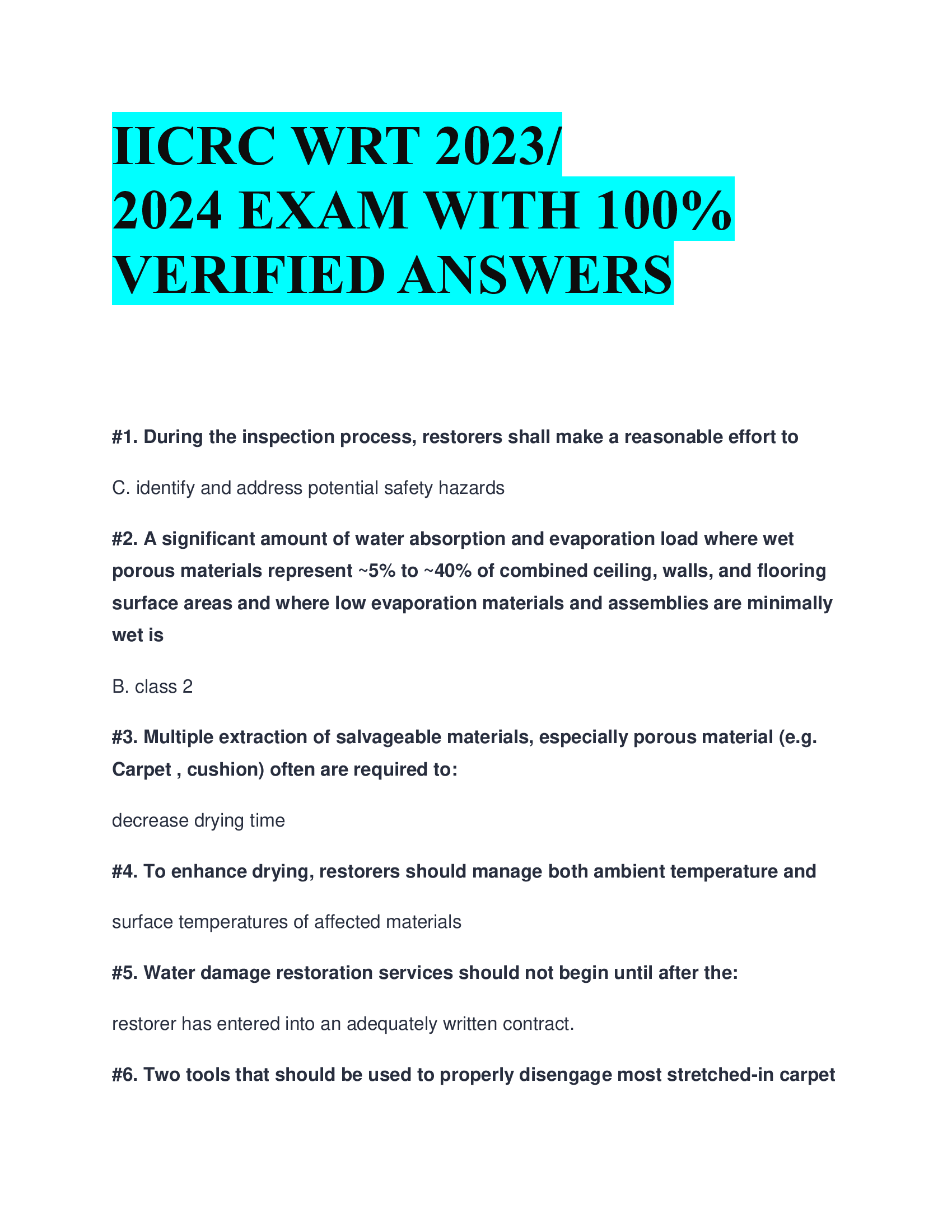 IICRC WRT 2023,2024 EXAM WITH  VERIFIED ANSWERS