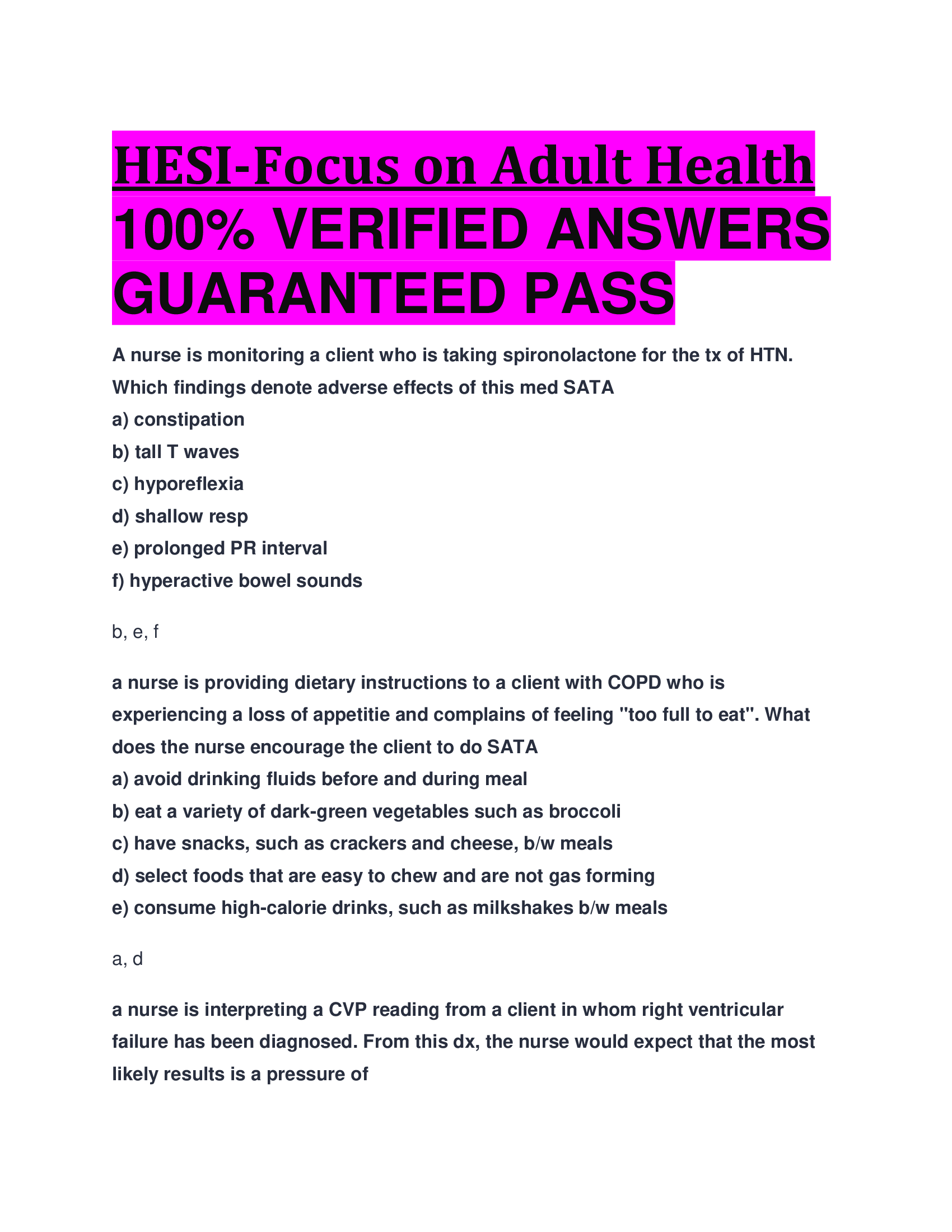 HESI-Focus on Adult Health  VERIFIED ANSWERS  GUARANTEED PASS