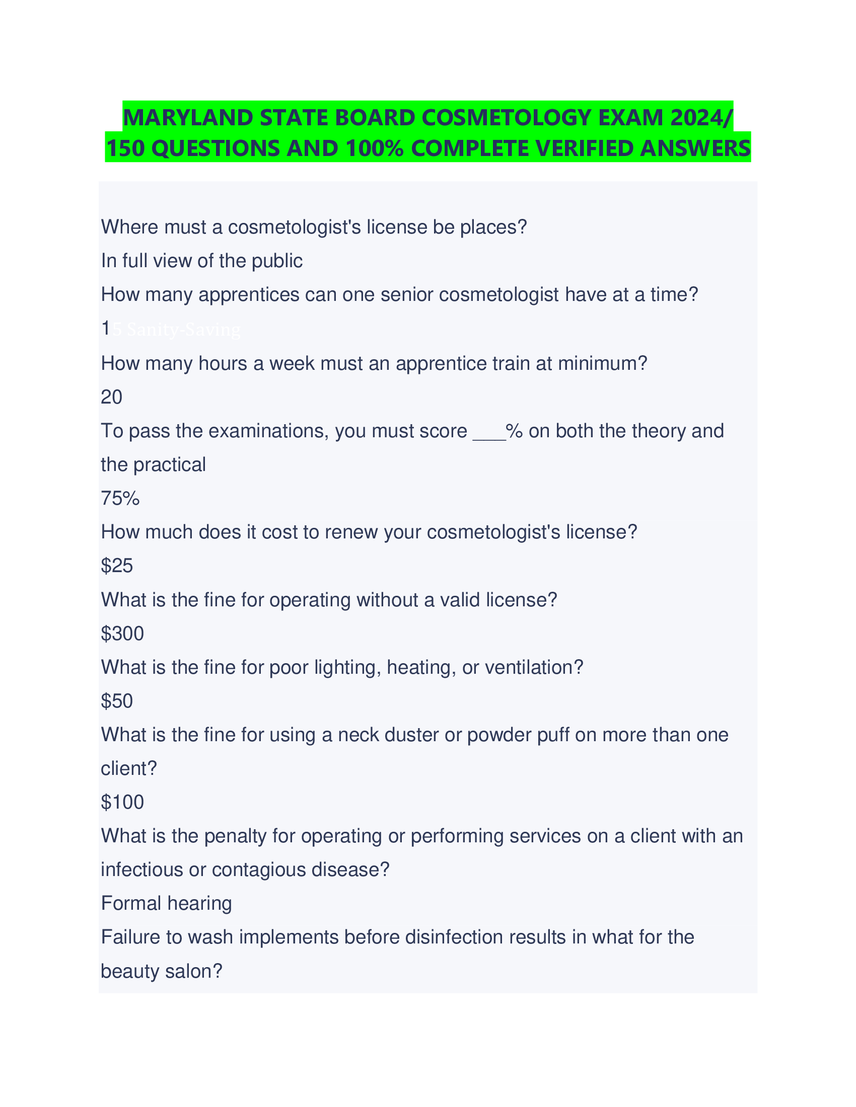 MARYLAND STATE BOARD COSMETOLOGY EXAM 2024  150 QUESTIONS AND COMPLETE VERIFIED ANSWERS
