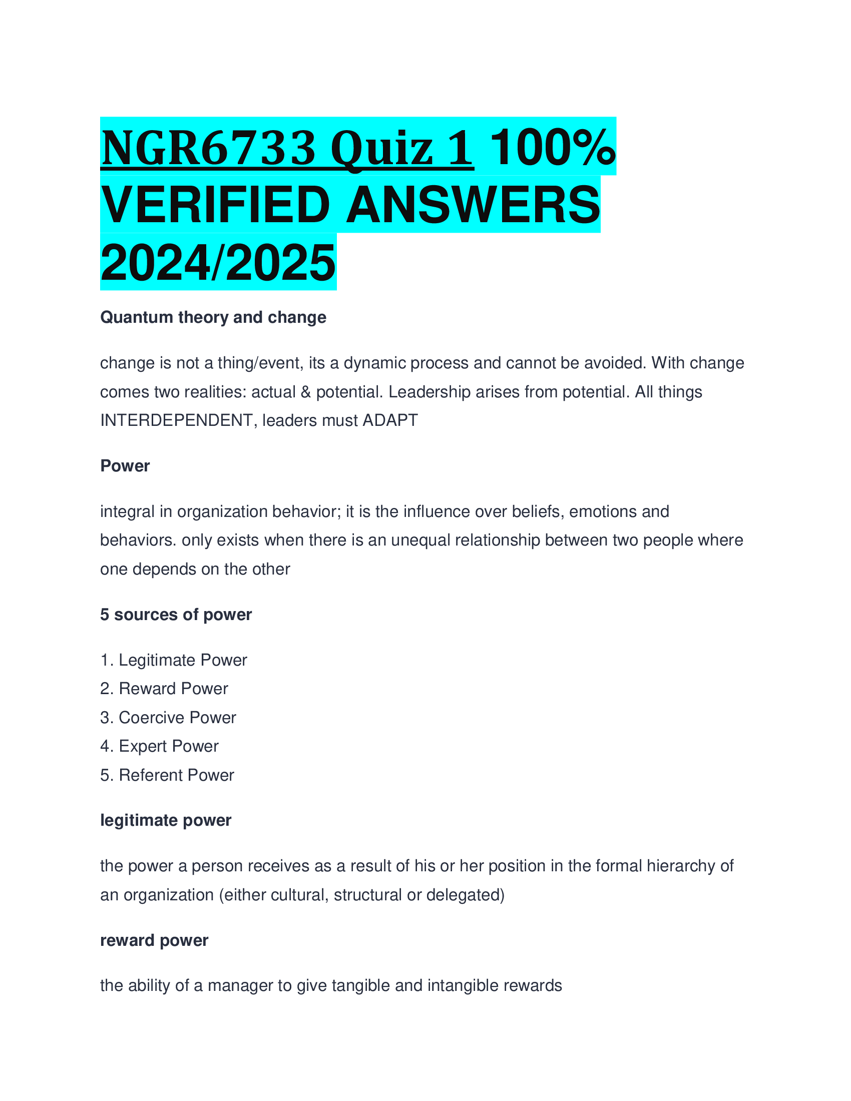 NGR6733 Quiz 1 VERIFIED ANSWERS  20242026