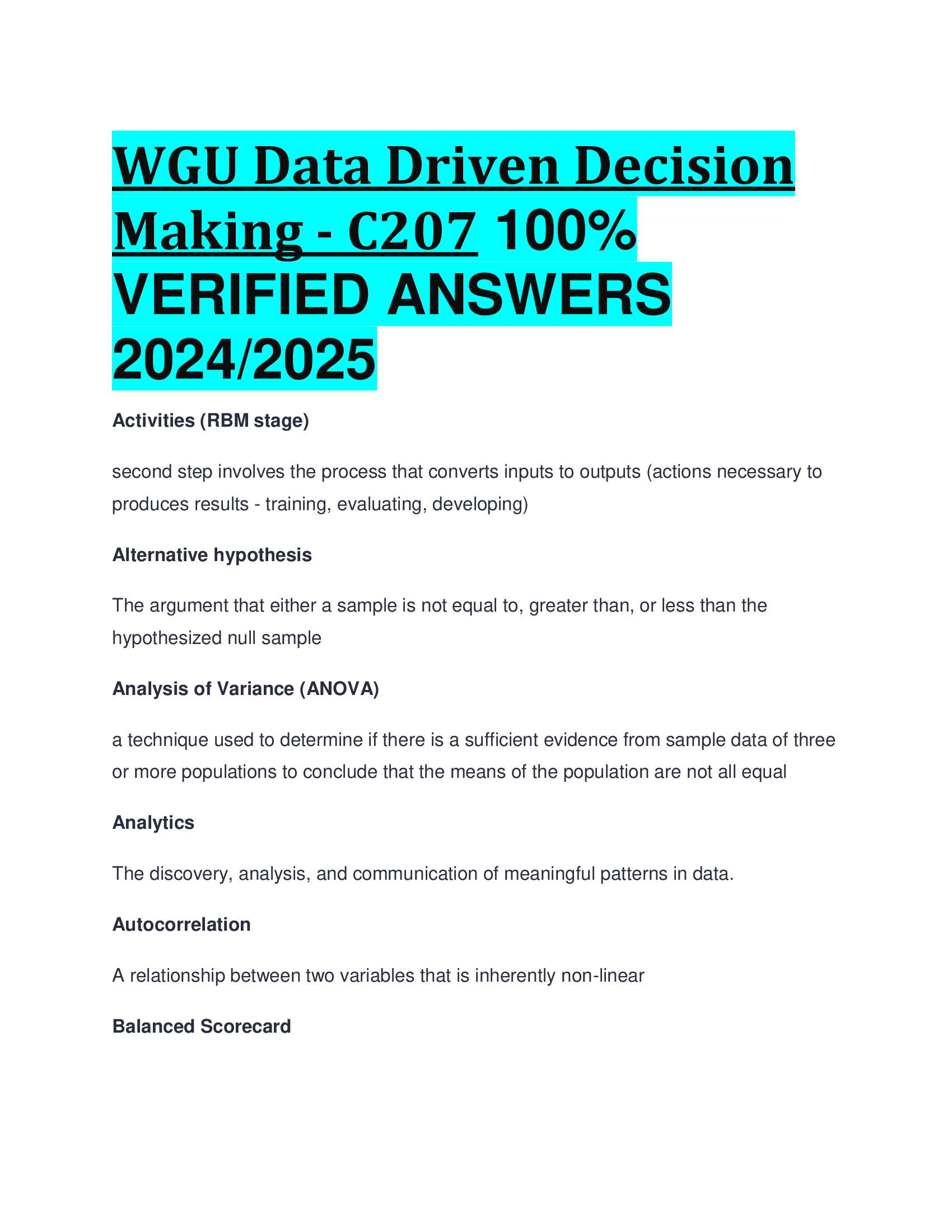 WGU Data Driven Decision Making - C207 VERIFIED ANSWERS  20242026