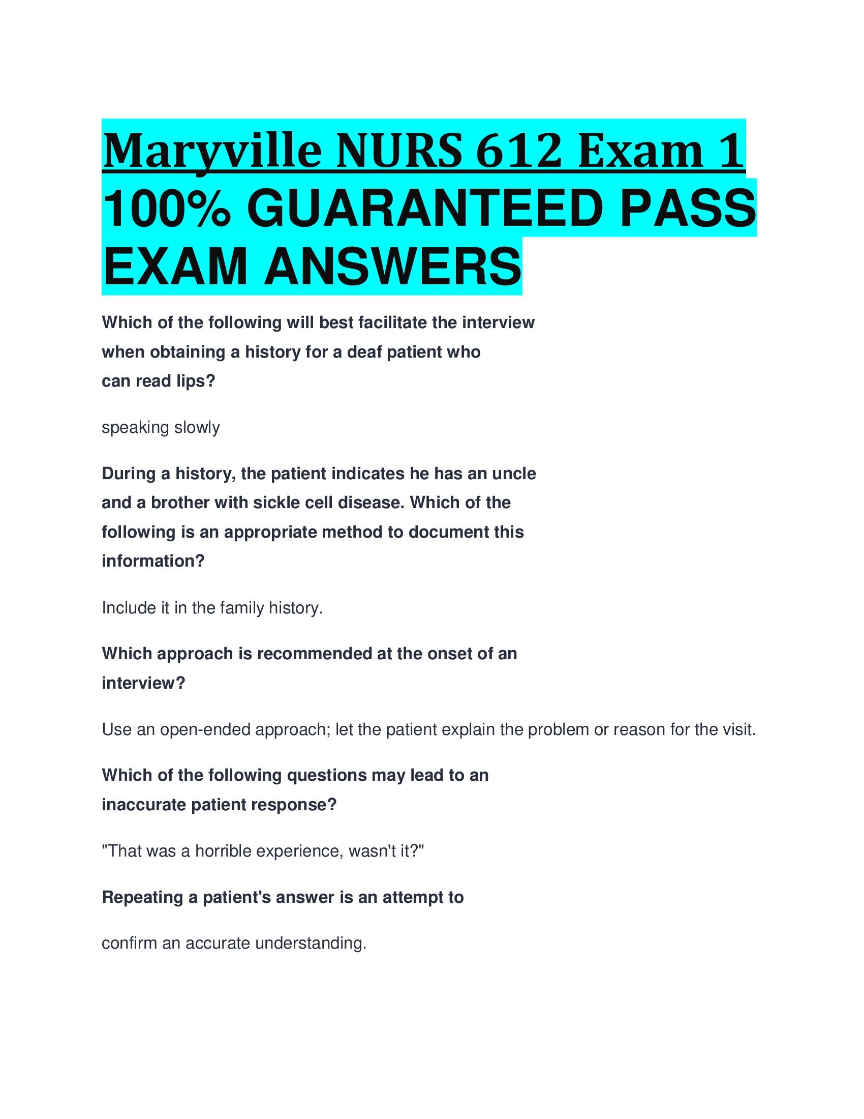 Maryville NURS 612 Exam 1 GUARANTEED PASS  EXAM ANSWERS