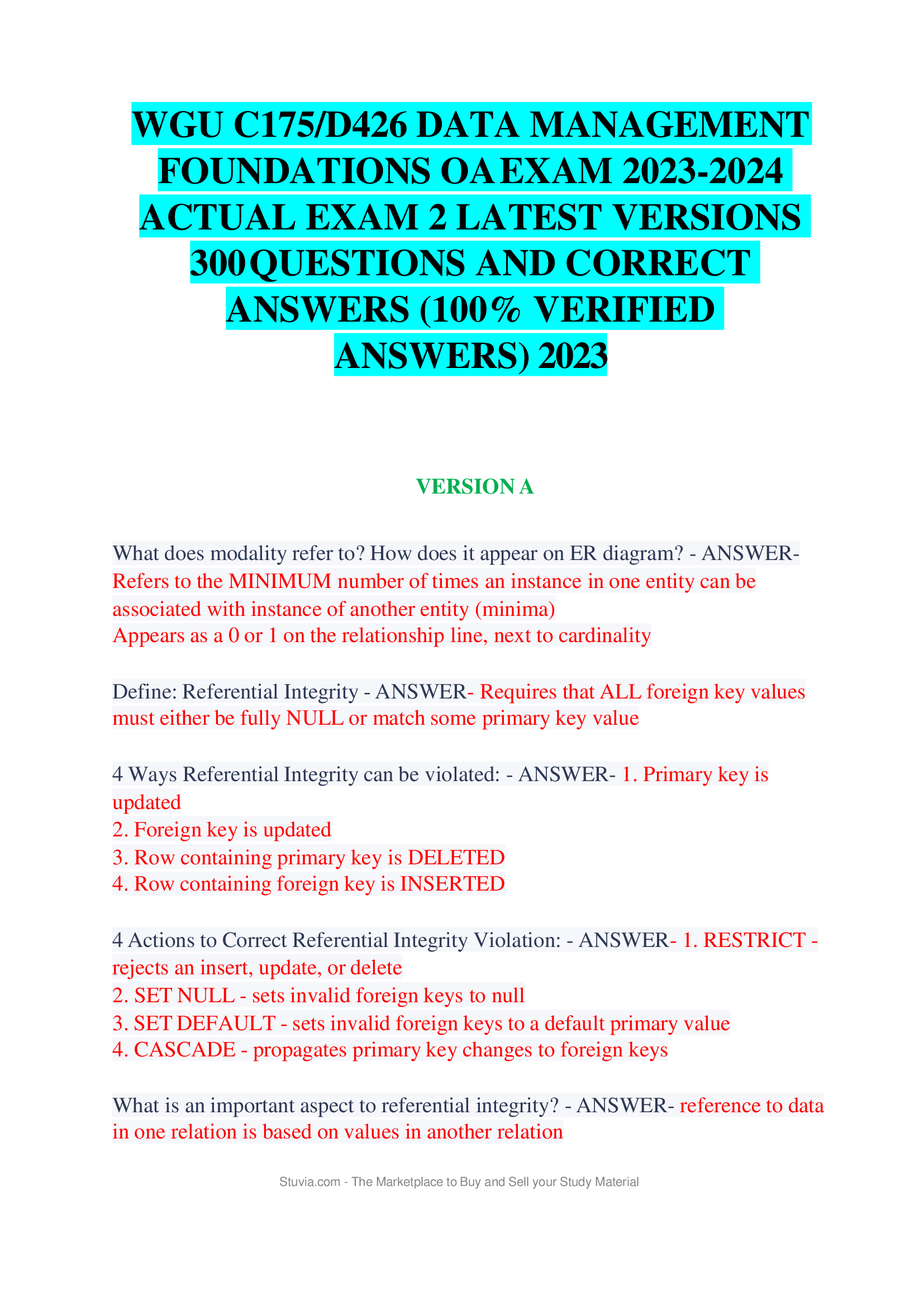 WGU C175,D426 DATA MANAGEMENT  FOUNDATIONS OAEXAM 2023-2024  ACTUAL EXAM 2 LATEST