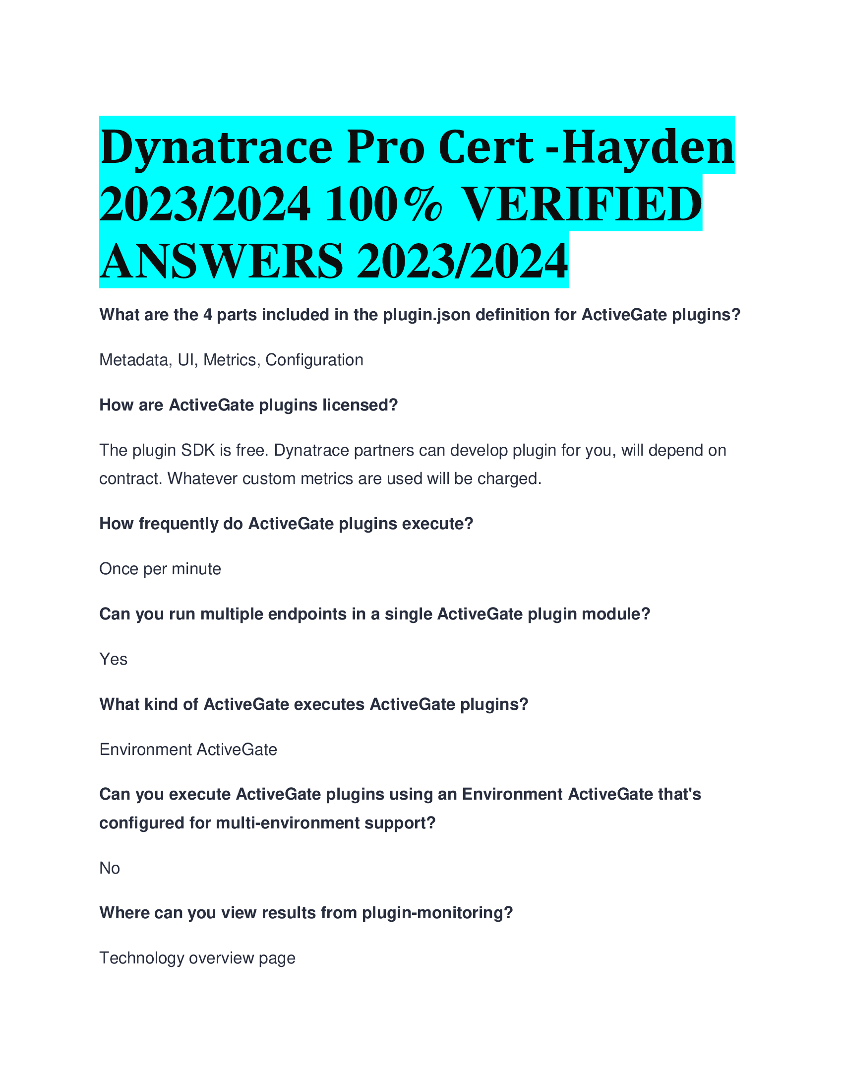 Dynatrace Pro Cert -Hayden 2023, 2024 VERIFIED  ANSWERS 2023,2024