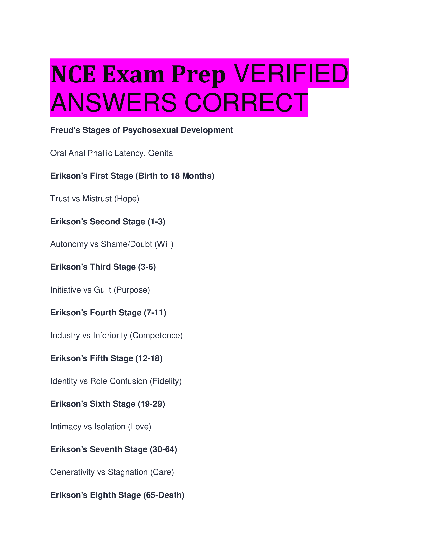 NCE Exam Prep VERIFIED  ANSWERS CORRECT