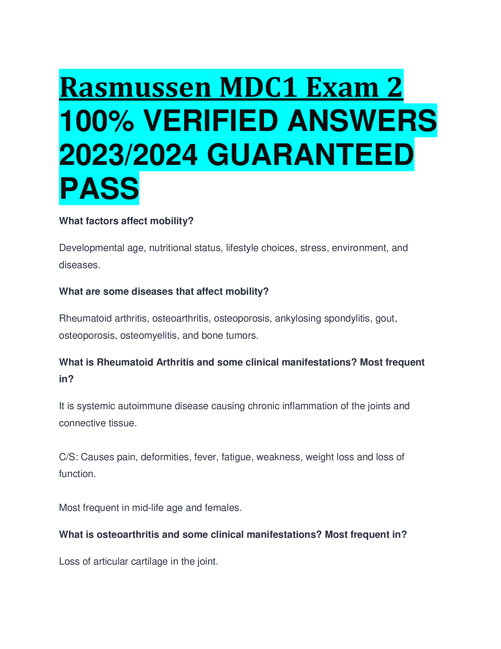 Rasmussen MDC1 Exam 2 VERIFIED ANSWERS  2023,2024 GUARANTEED  PASS