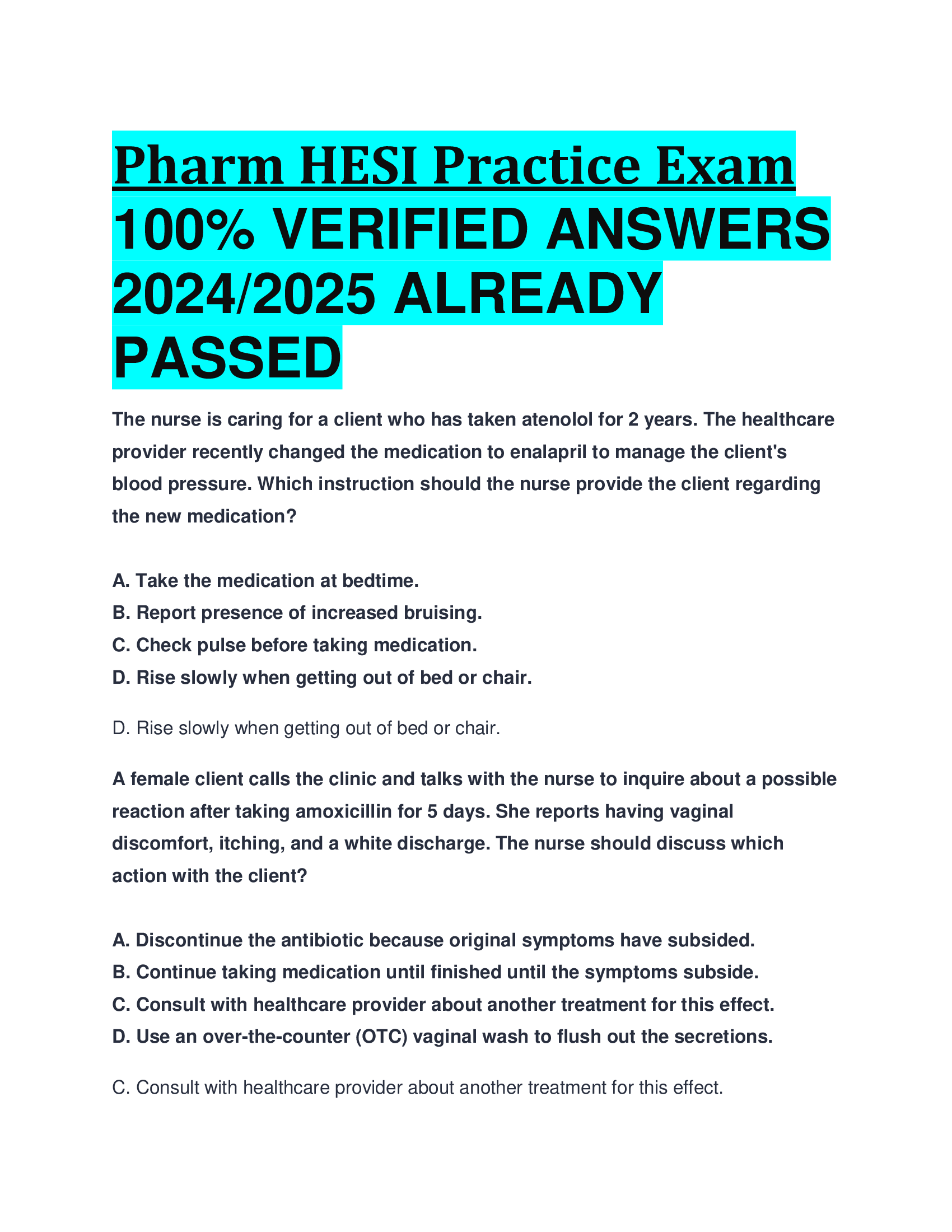 Pharm HESI Practice Exam VERIFIED ANSWERS  20242026 ALREADY  PASSED
