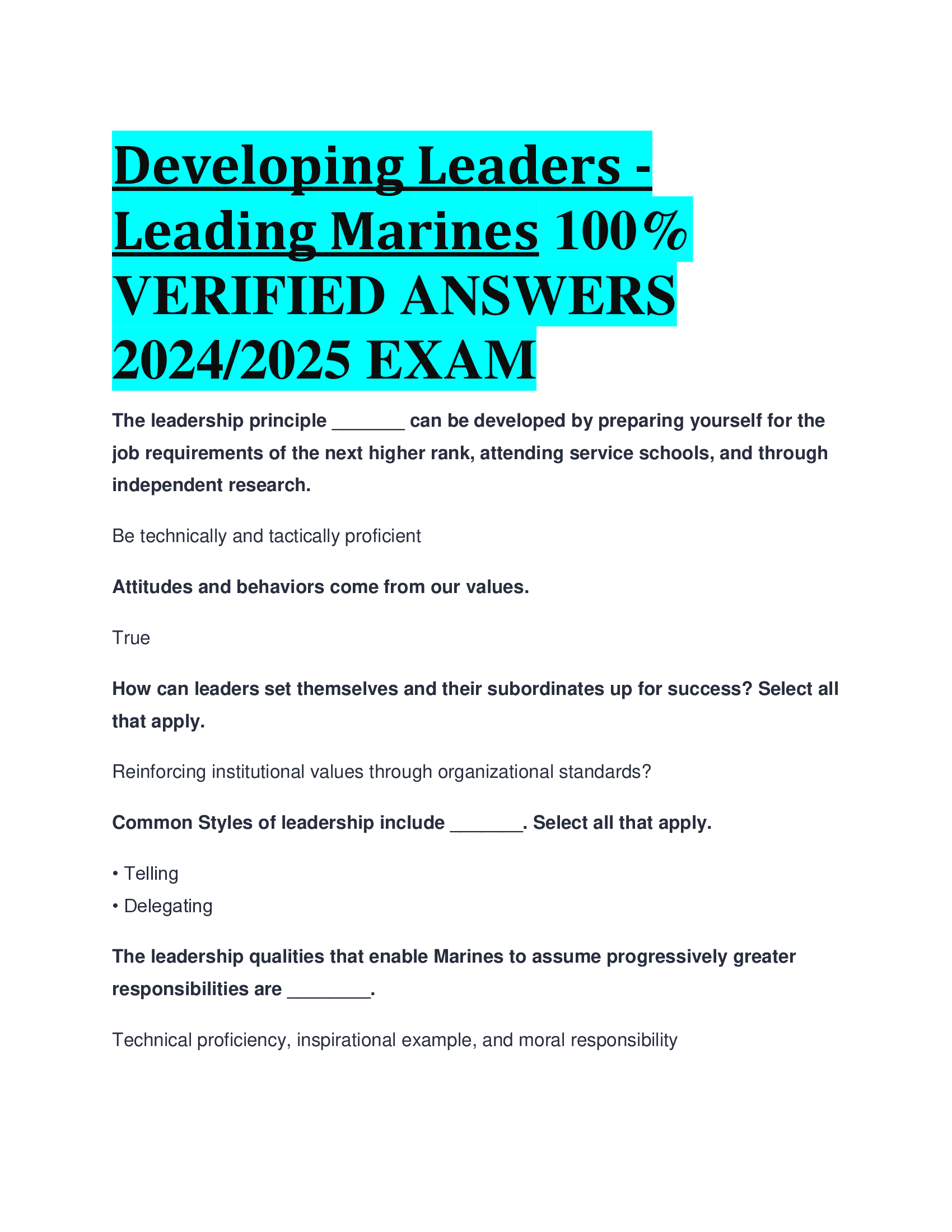 Developing Leaders - Leading Marines VERIFIED ANSWERS  20242026 EXAM