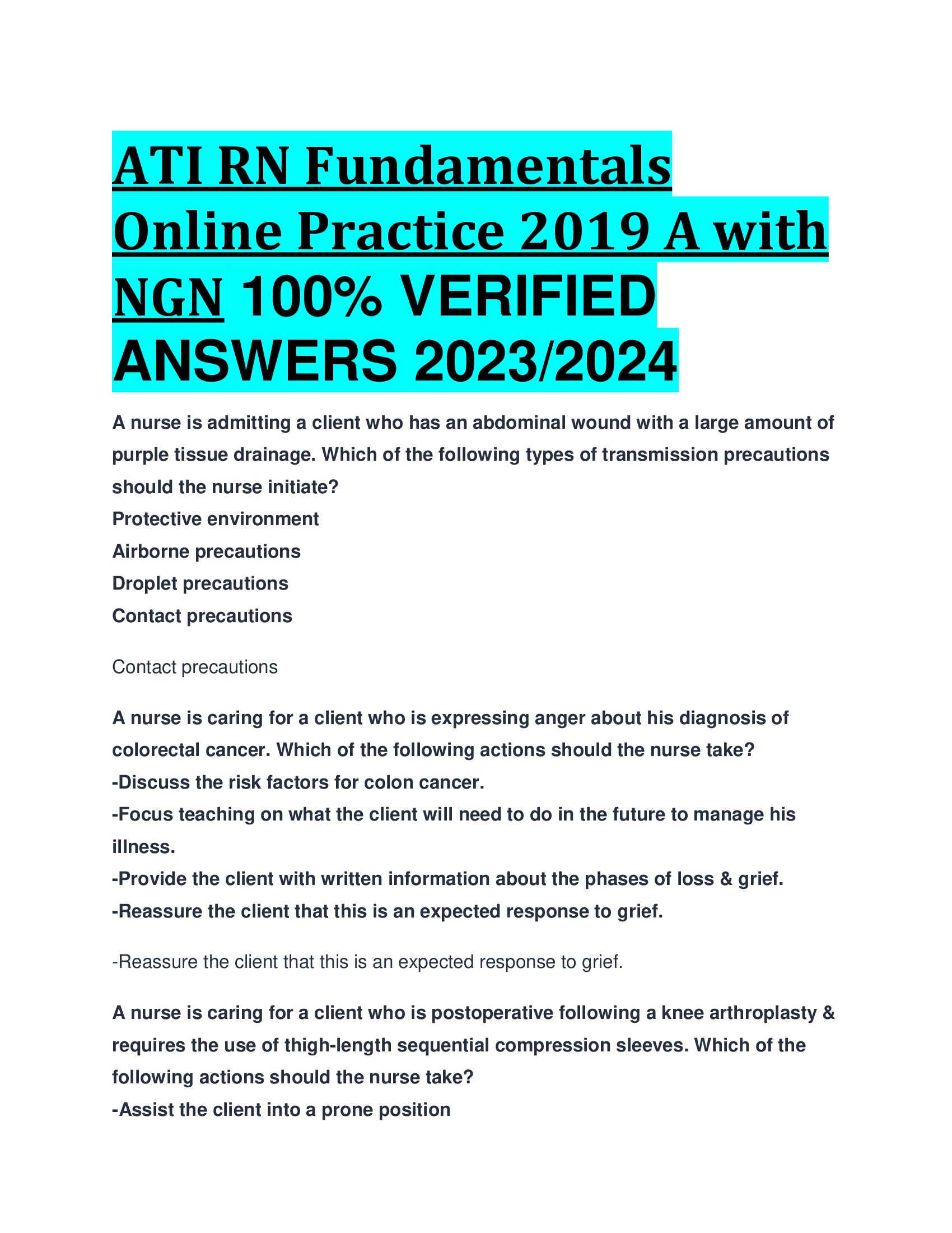 ATI RN Fundamentals Online Practice 2019 A with NGN VERIFIED  ANSWERS 2023,2024