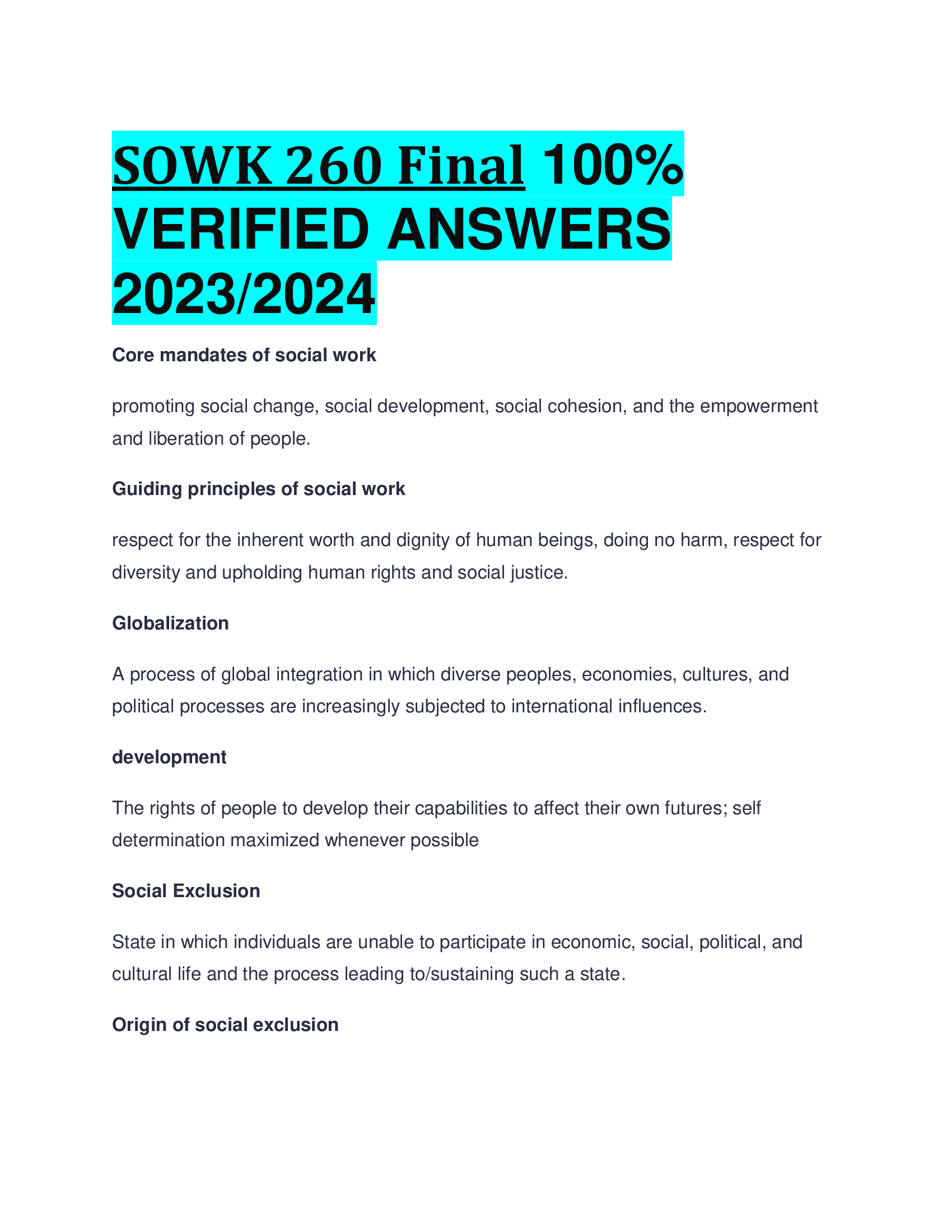 SOWK 260 Final VERIFIED ANSWERS  2023,2024