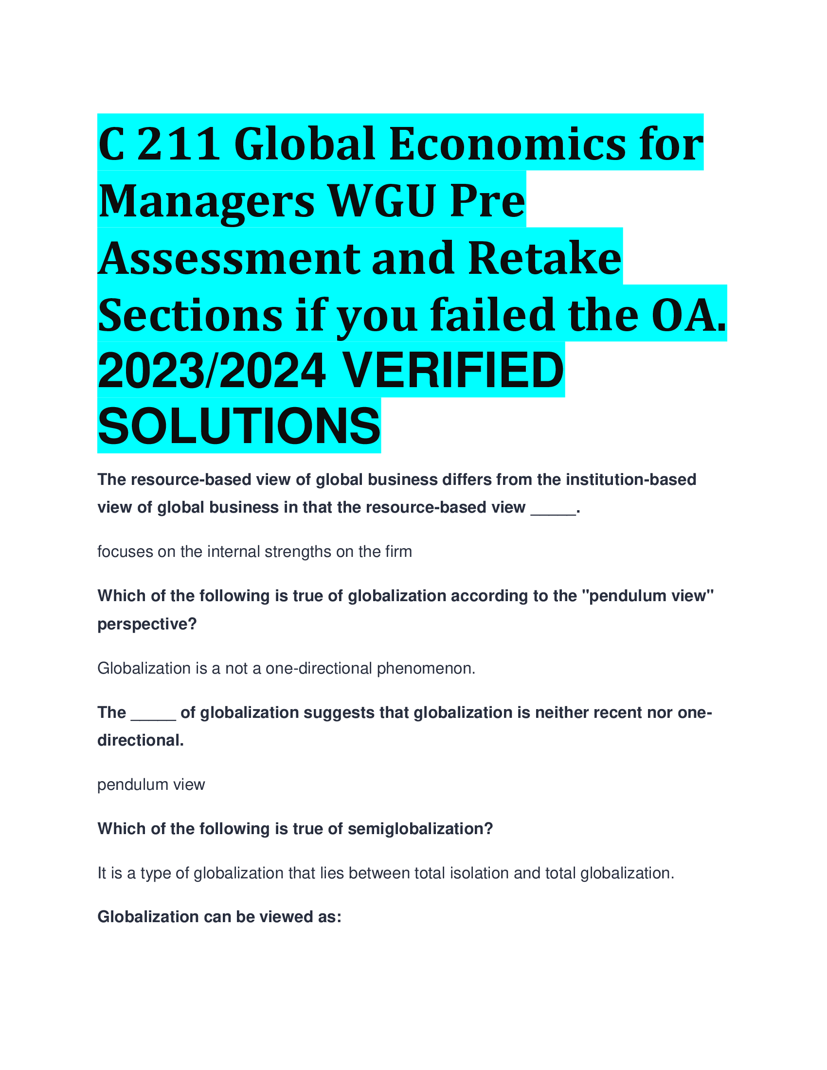 C 211 Global Economics for Managers WGU Pre Assessment and Retake Sections if you failed the OA. 2023,2024 VERIFIED  SOLUTIONS
