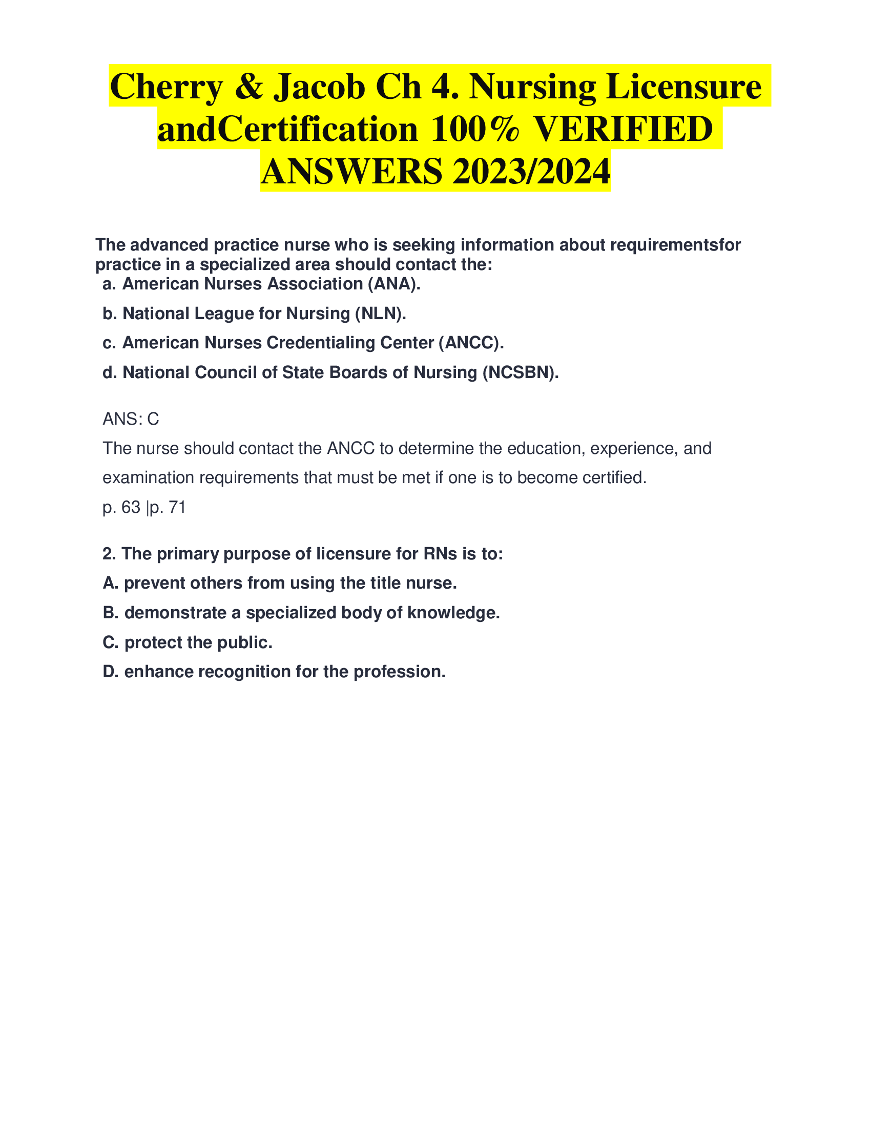 Cherry & Jacob Ch 4. Nursing Licensure  and Certification  VERIFIED  ANSWERS 2023,2024