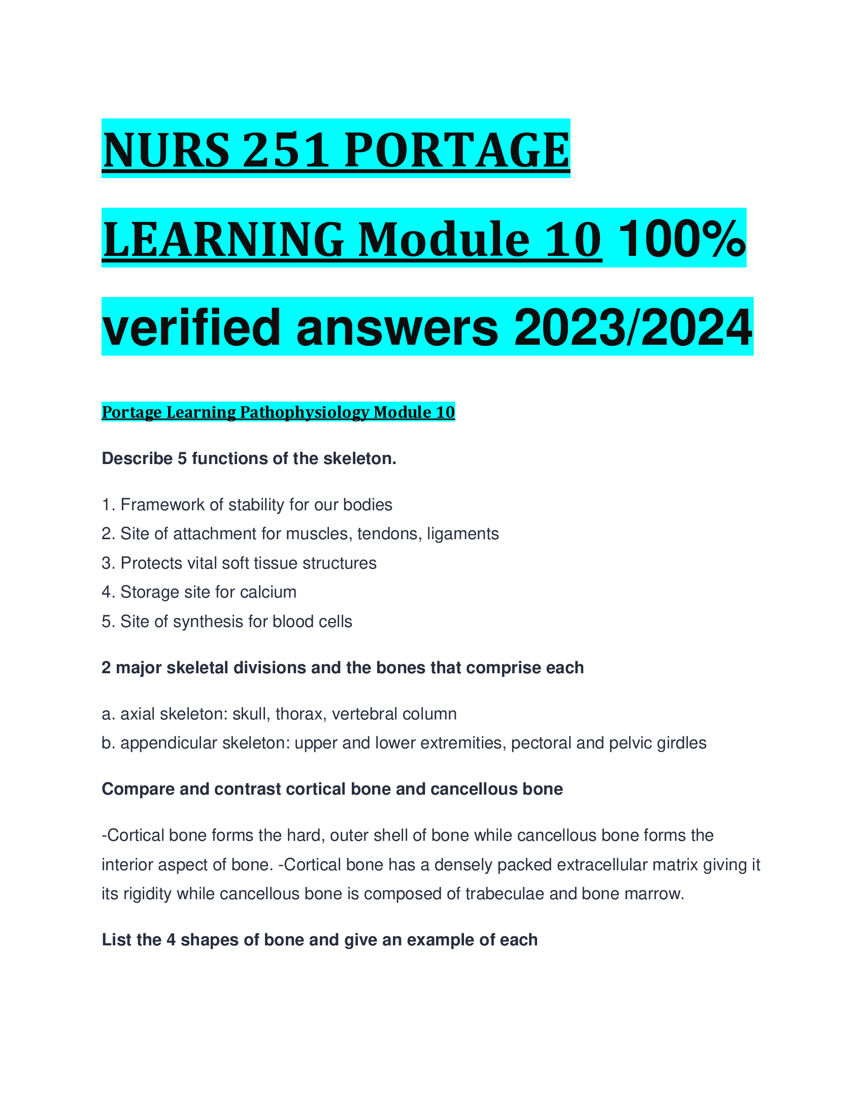 NURS 251 PORTAGE LEARNING Module 10   verified answers 2023,2024