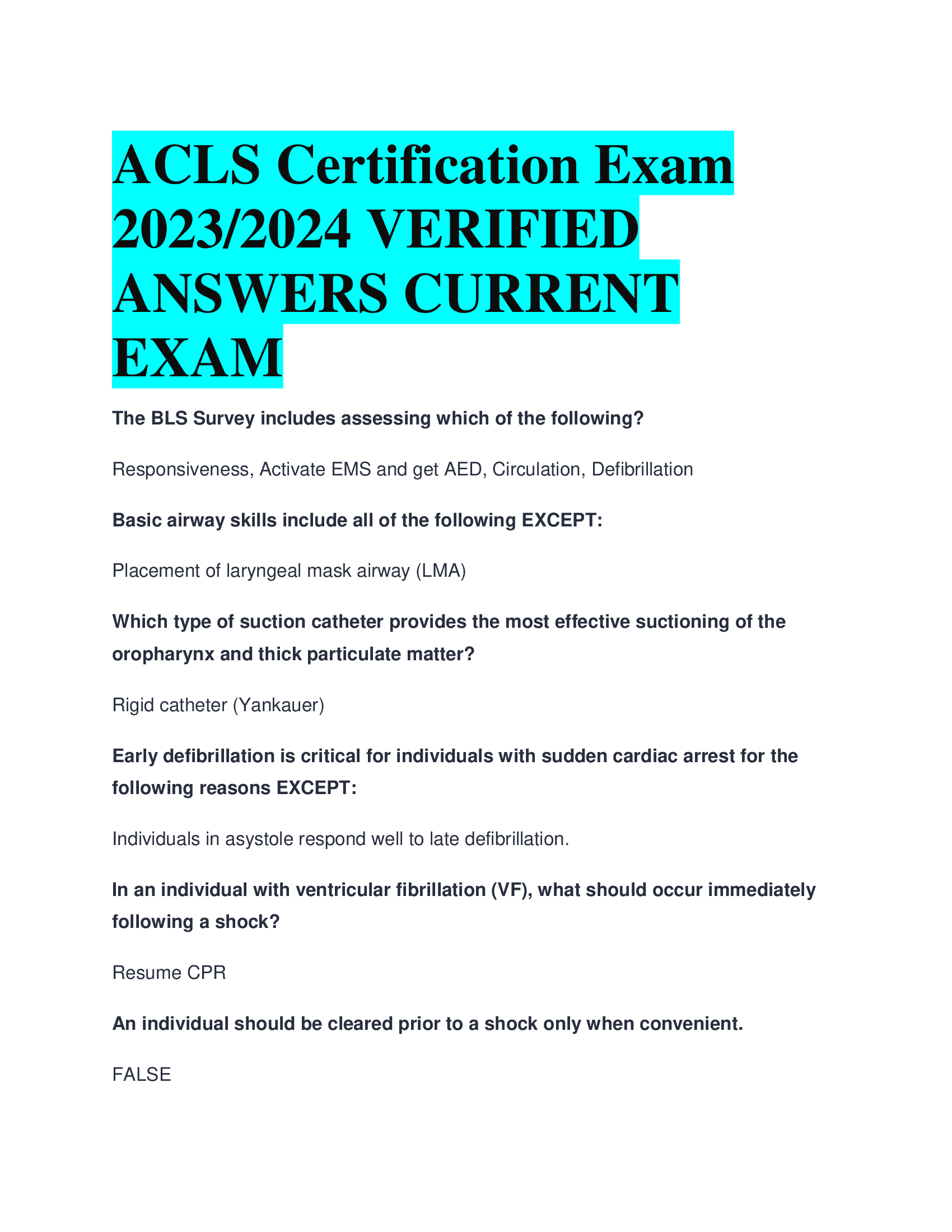 ACLS Certification Exam 2023,2024 VERIFIED  ANSWERS CURRENT  EXAM