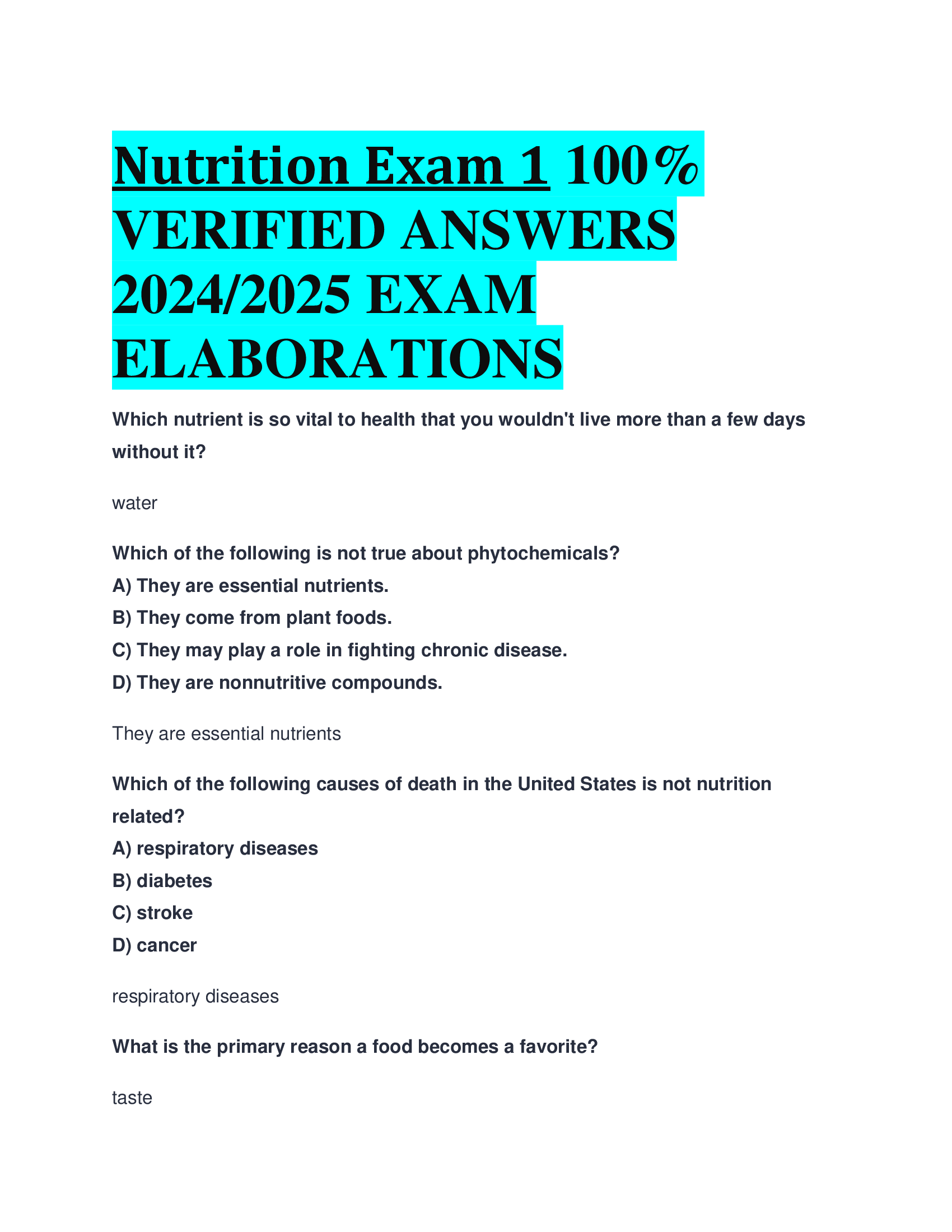 Nutrition Exam 1 VERIFIED ANSWERS  20242026 EXAM  ELABORATIONS