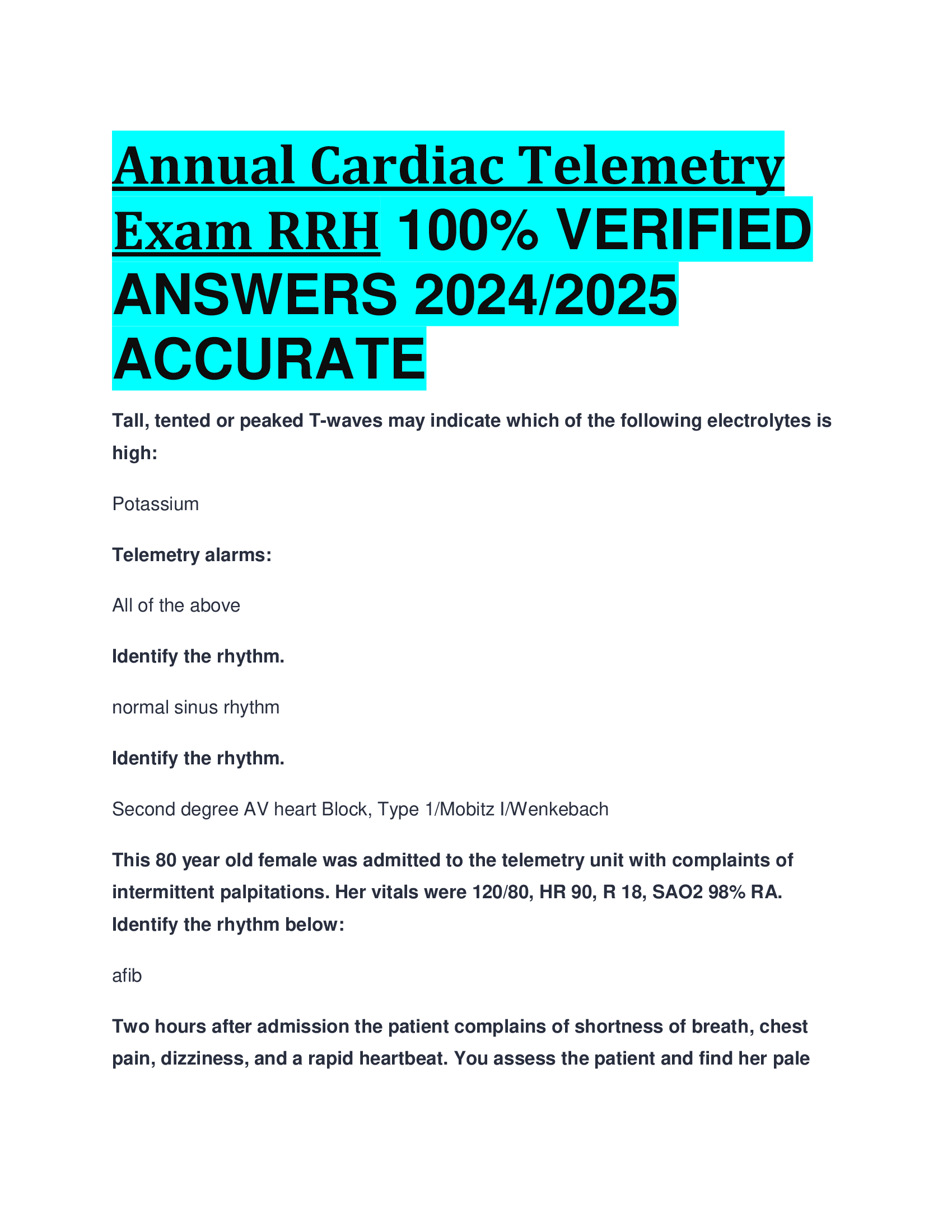Annual Cardiac Telemetry Exam RRH  VERIFIED  ANSWERS 20242026  ACCURATE