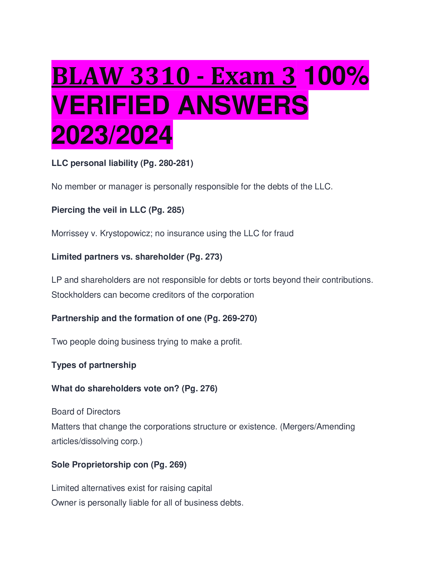 BLAW 3310 - Exam 3   VERIFIED ANSWERS  2023,2024