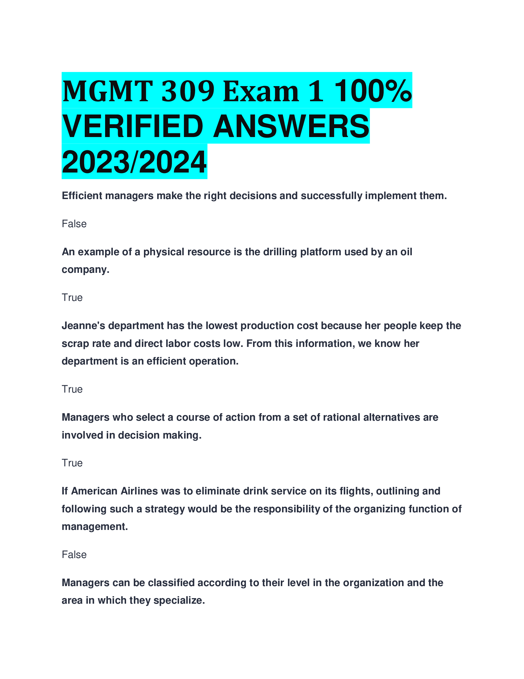 MGMT 309 Exam 1 VERIFIED ANSWERS  2023,2024