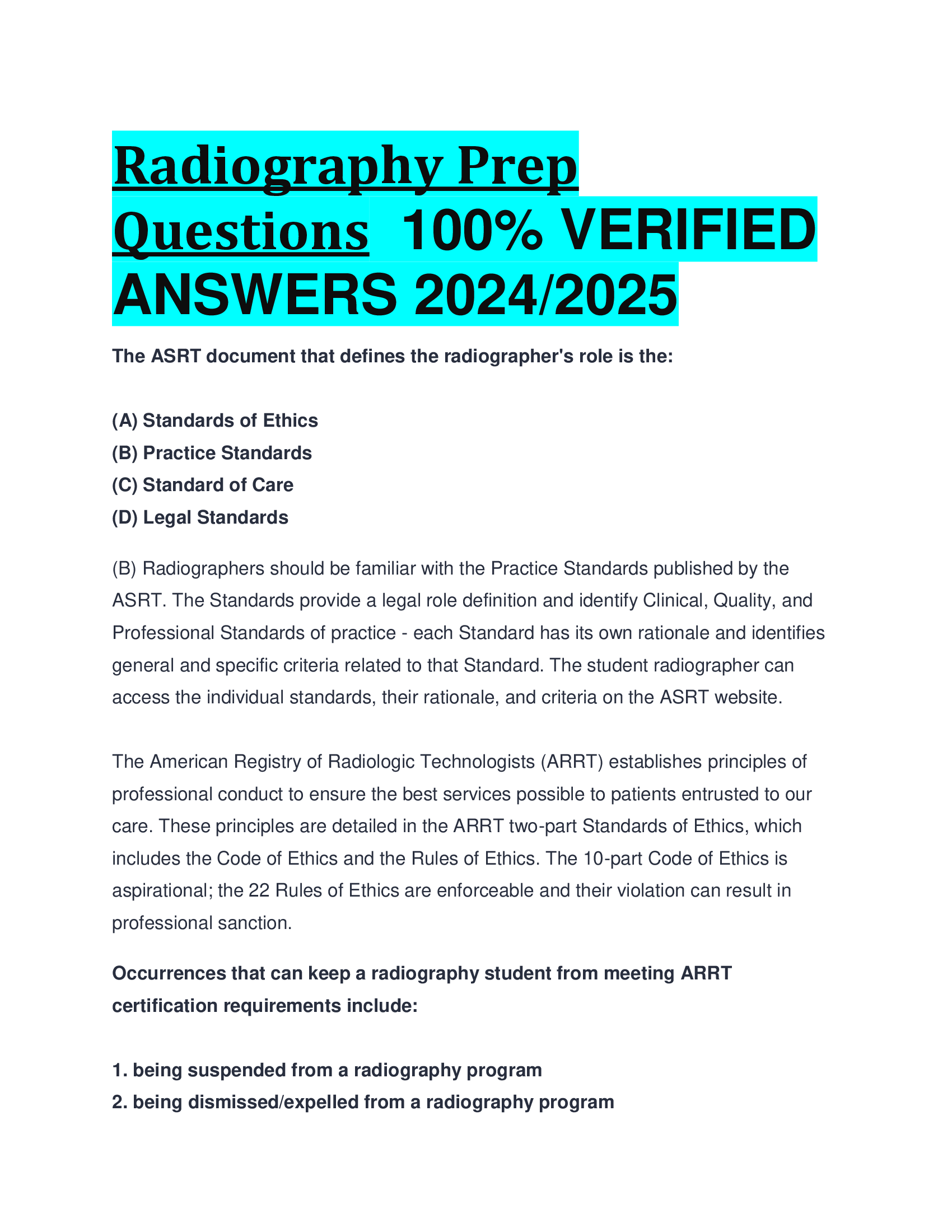 Radiography Prep Questions VERIFIED  ANSWERS 20242026