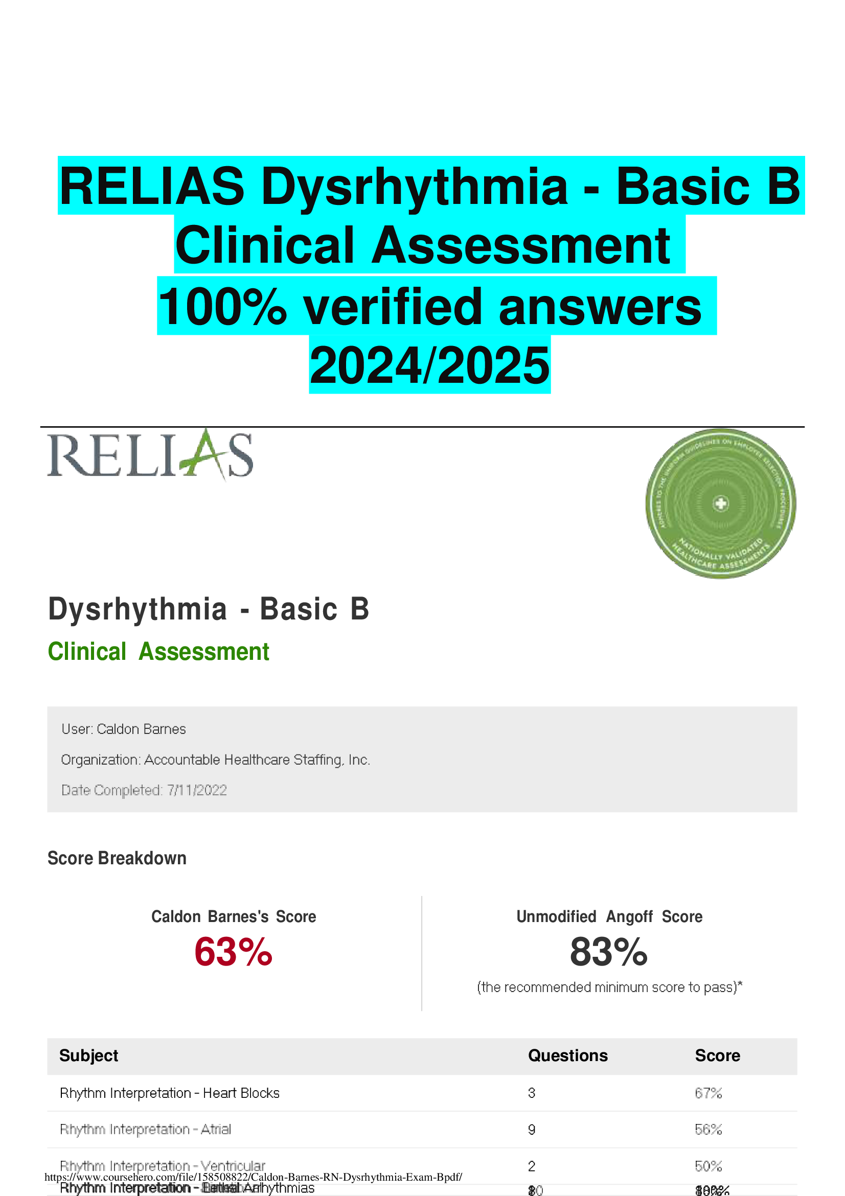 RELIAS Dysrhythmia - Basic B  Clinical Assessment verified answers  20242026