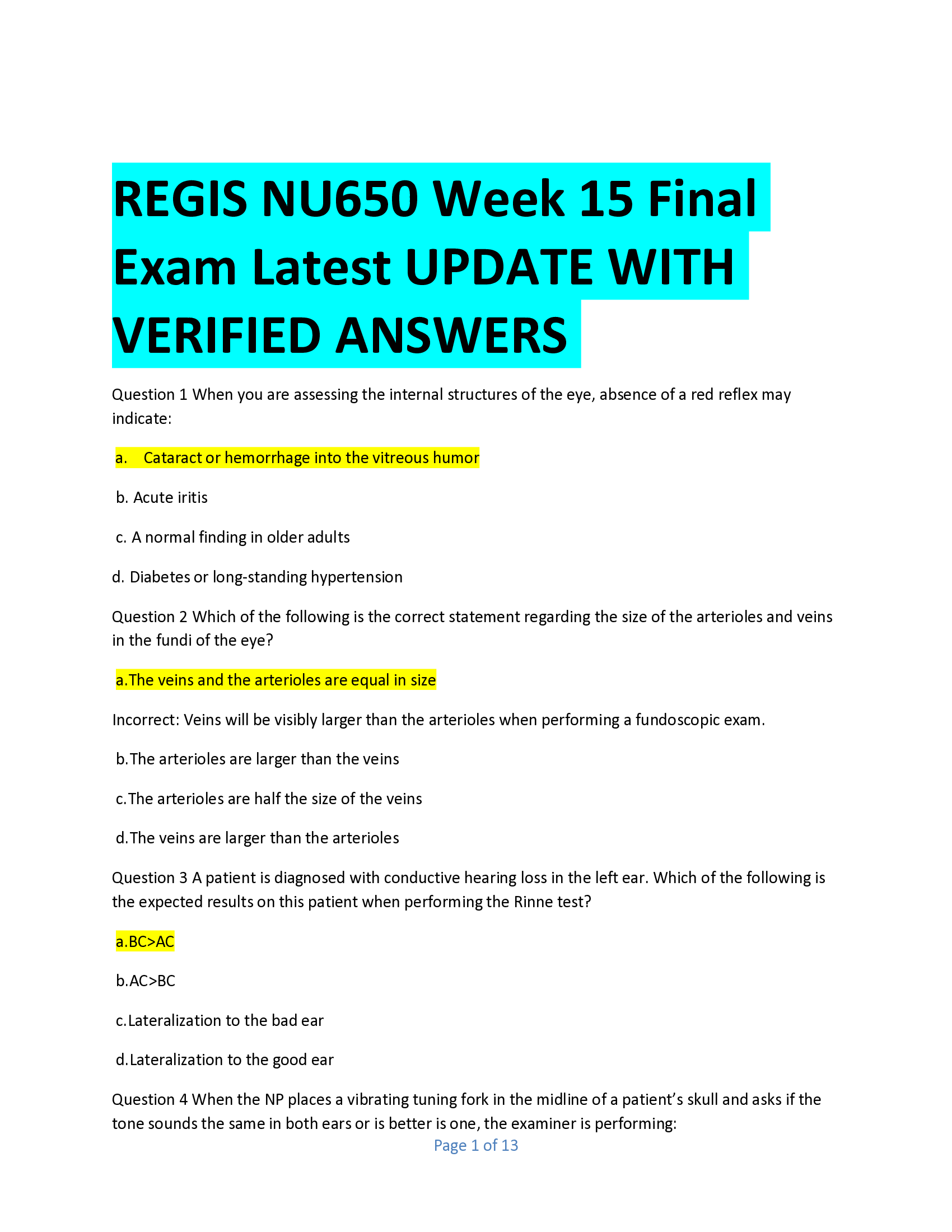 REGIS NU650 Week 15 Final Exam Latest UPDATE WITH  VERIFIED ANSWERS