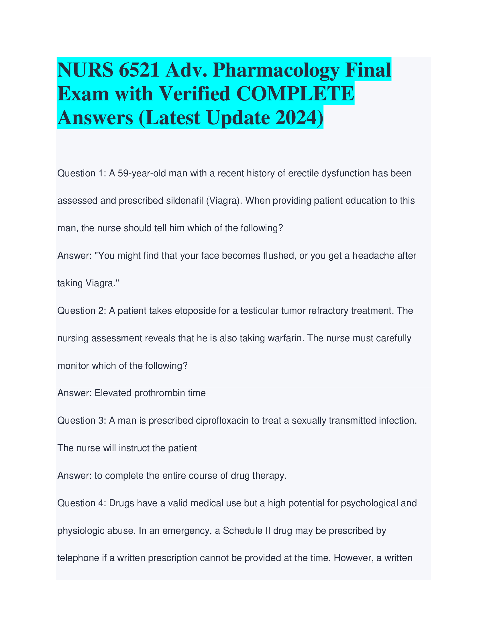 NURS 6521 Adv. Pharmacology Final  Exam with Verified COMPLETE  Answers (Latest Update 2024)