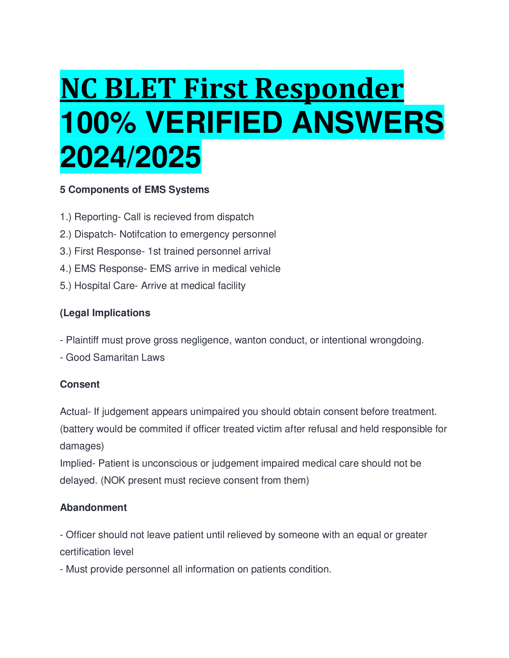 NC BLET First Responder VERIFIED ANSWERS  20242026