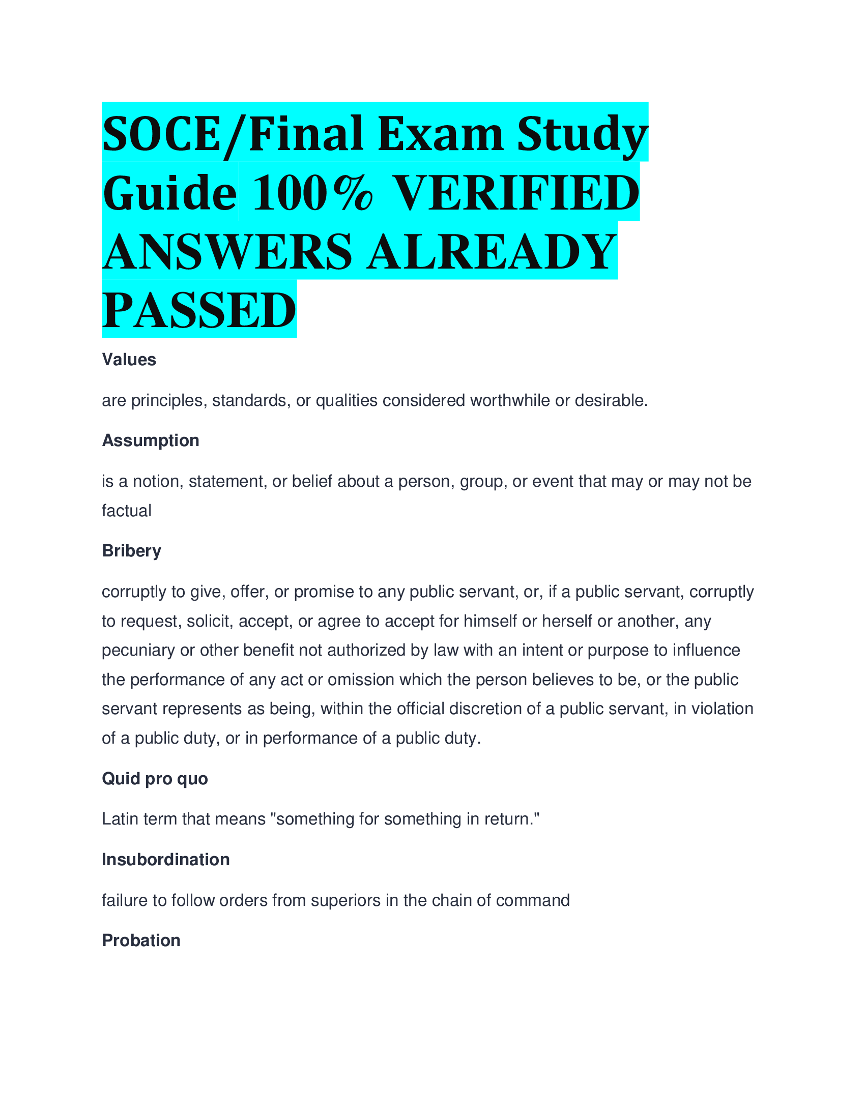 SOCE Final Exam Study Guide VERIFIED  ANSWERS ALREADY  PASSED