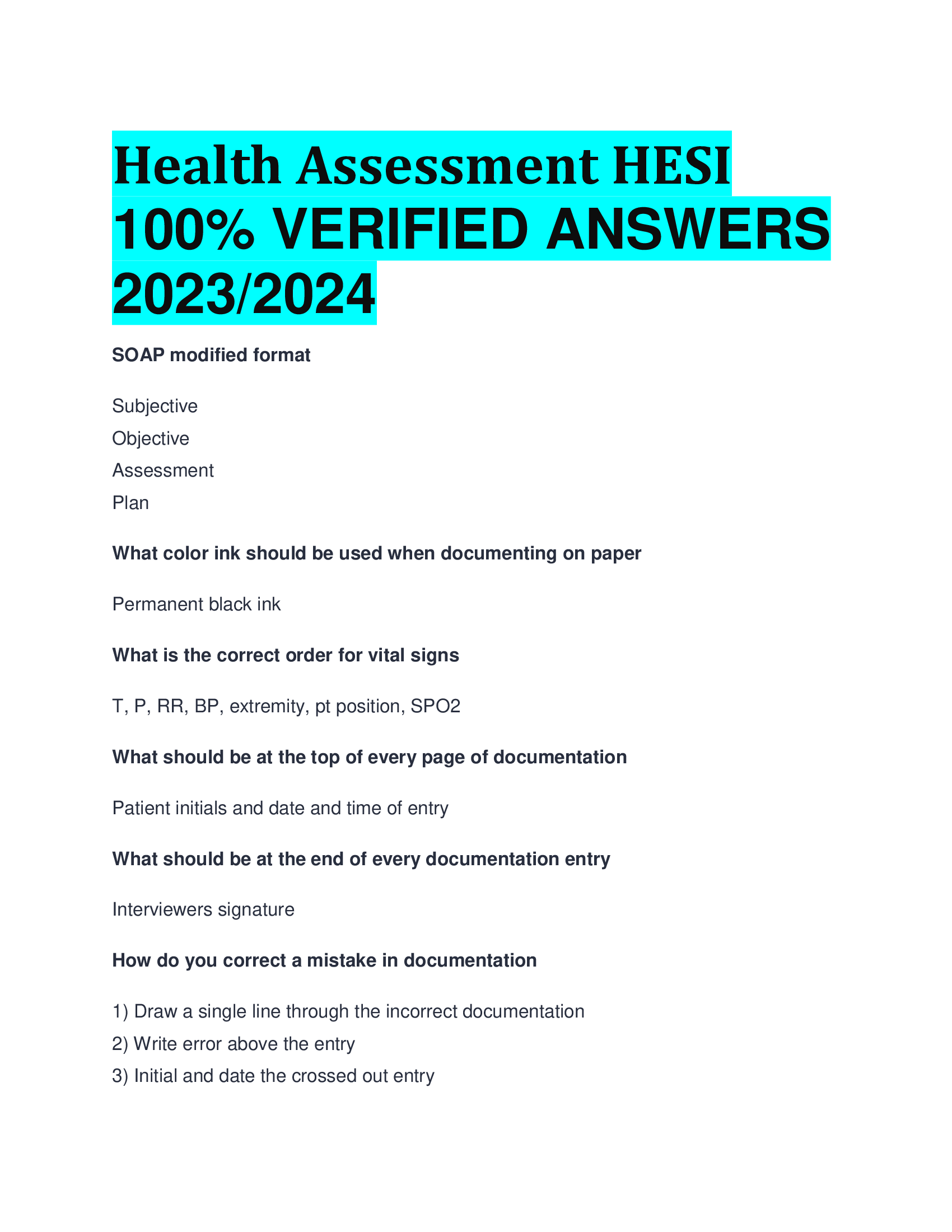 Health Assessment HESI  VERIFIED ANSWERS  2023,2024