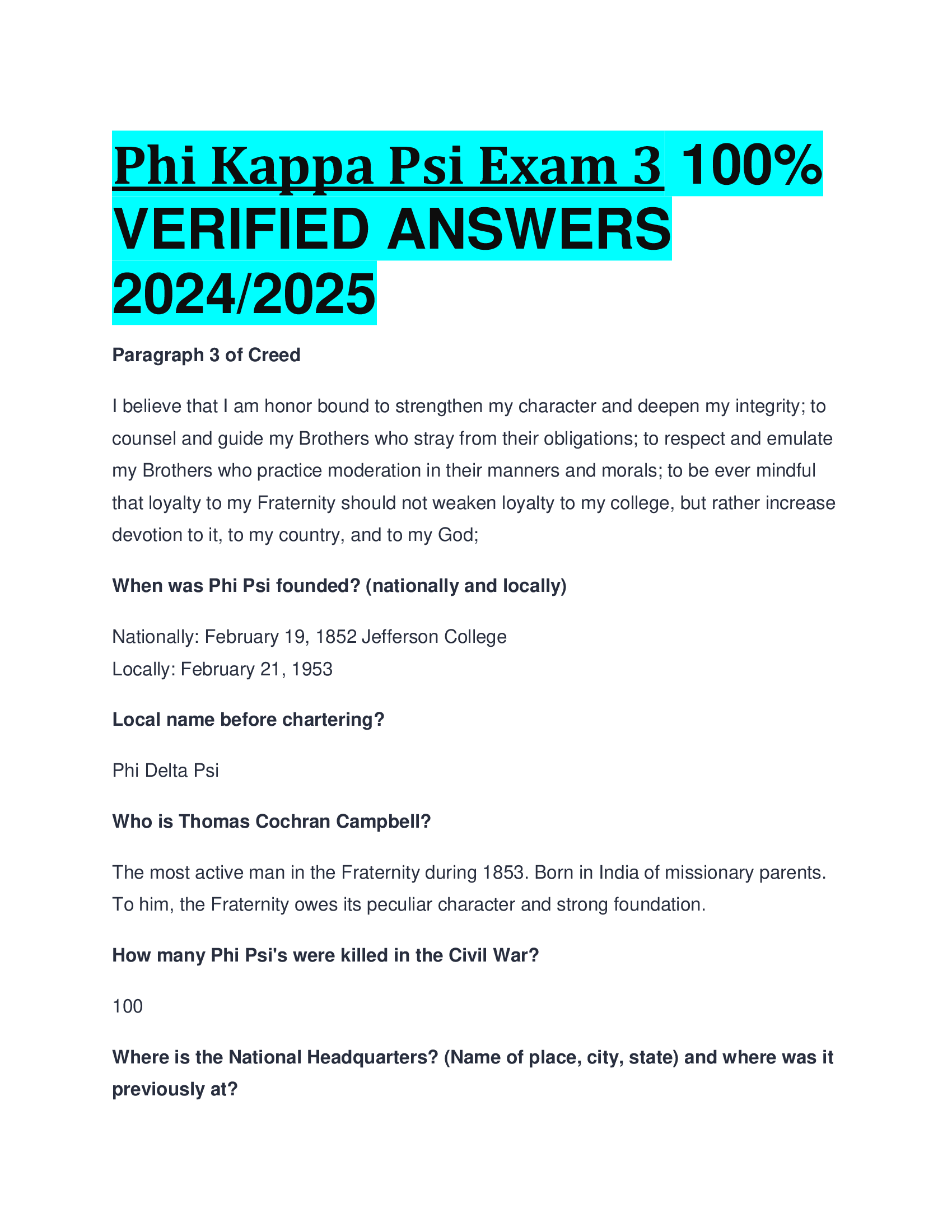 Phi Kappa Psi Exam 3 VERIFIED ANSWERS  20242026