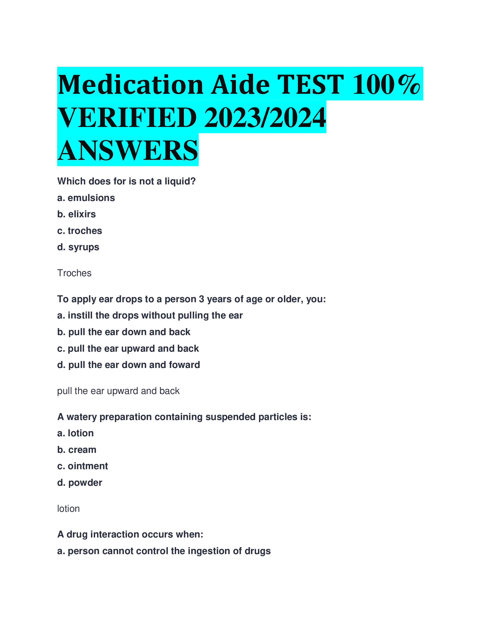 Medication Aide TEST VERIFIED 2023,2024  ANSWERS