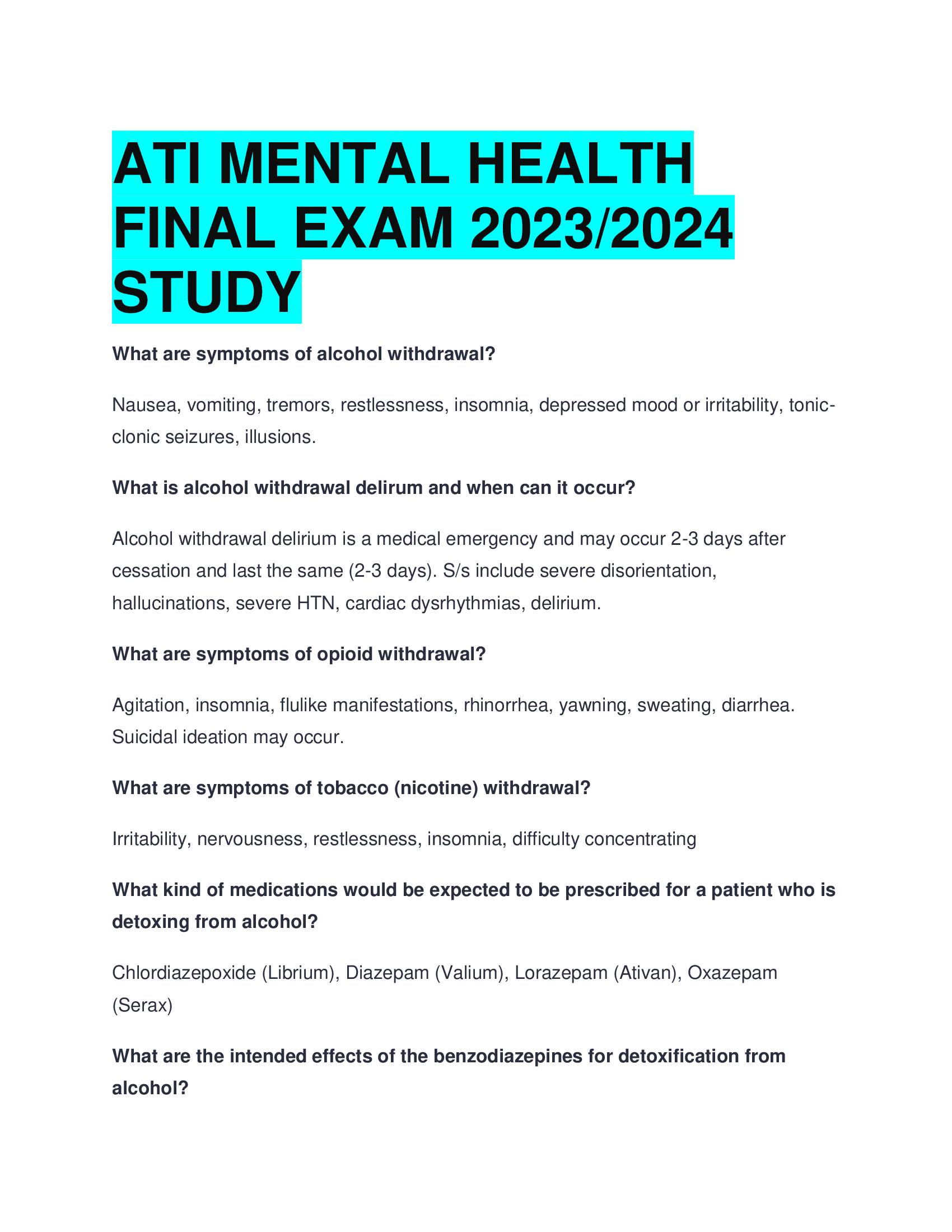 ATI MENTAL HEALTH  FINAL EXAM 2023,2024  STUDY