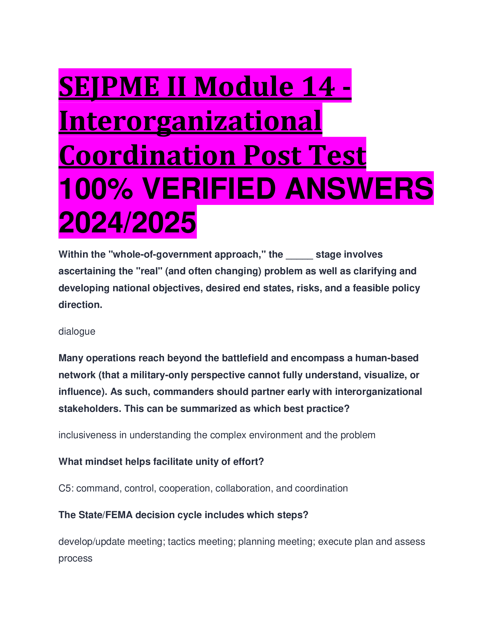 SEJPME II Module 14 - Interorganizational Coordination Post Test VERIFIED ANSWERS  2024, 2026