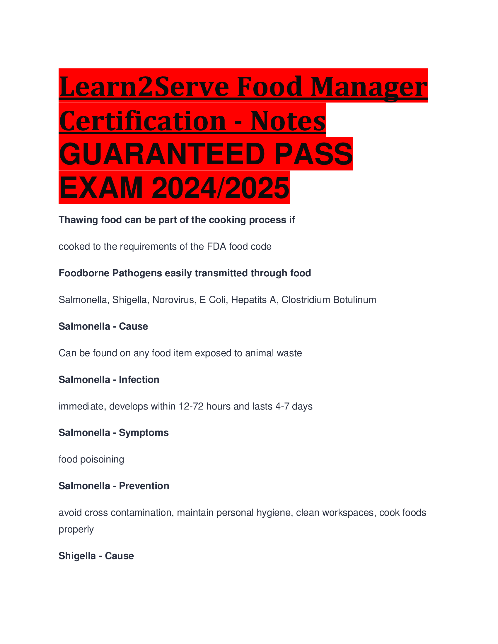 Learn2Serve Food Manager Certification - Notes GUARANTEED PASS  EXAM 2024, 2026