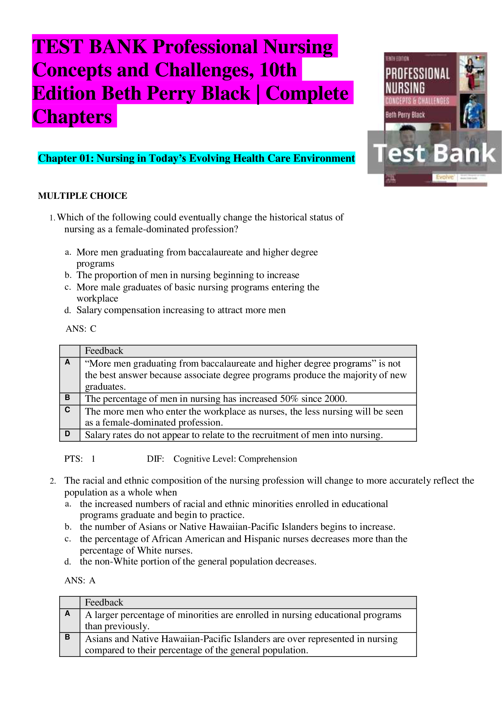TEST BANK Professional Nursing Concepts and Challenges, 10th Edition Beth Perry Black | Complete  Chapters