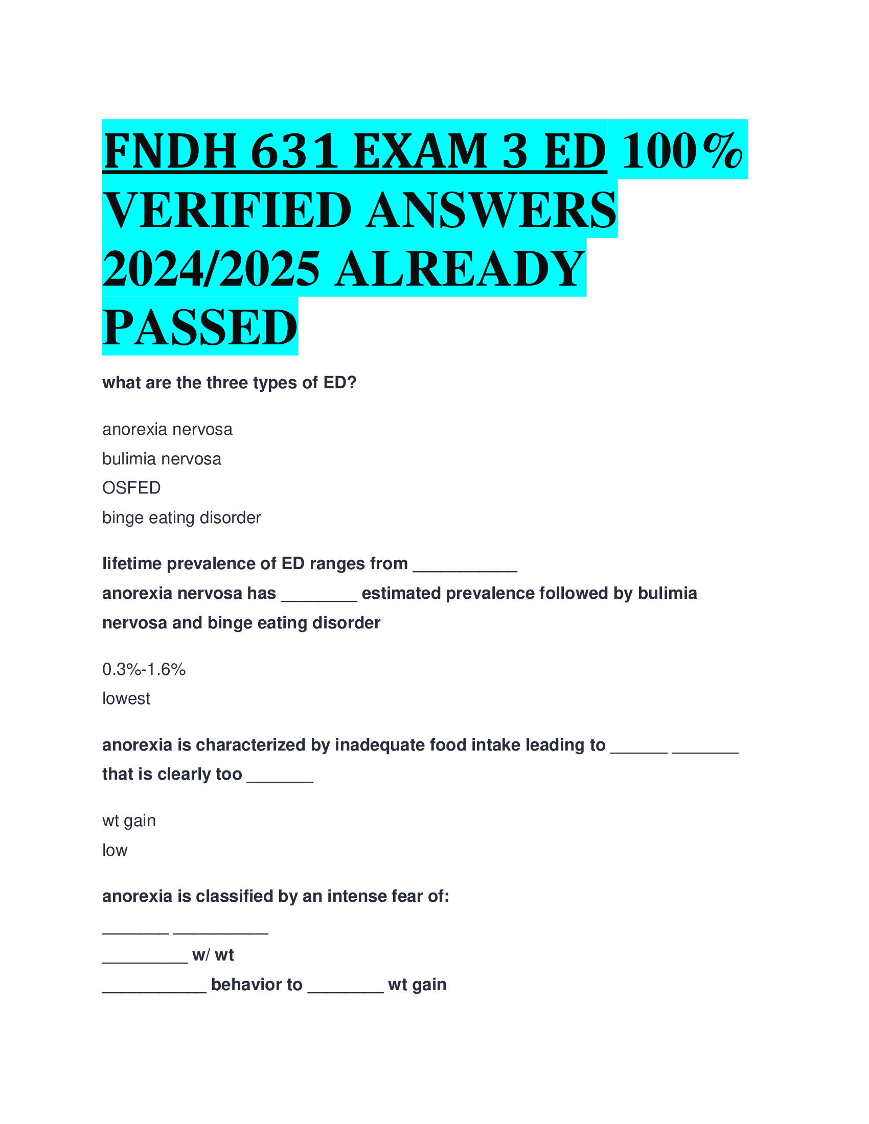 FNDH 631 EXAM 3 ED VERIFIED ANSWERS  20242026 ALREADY  PASSED